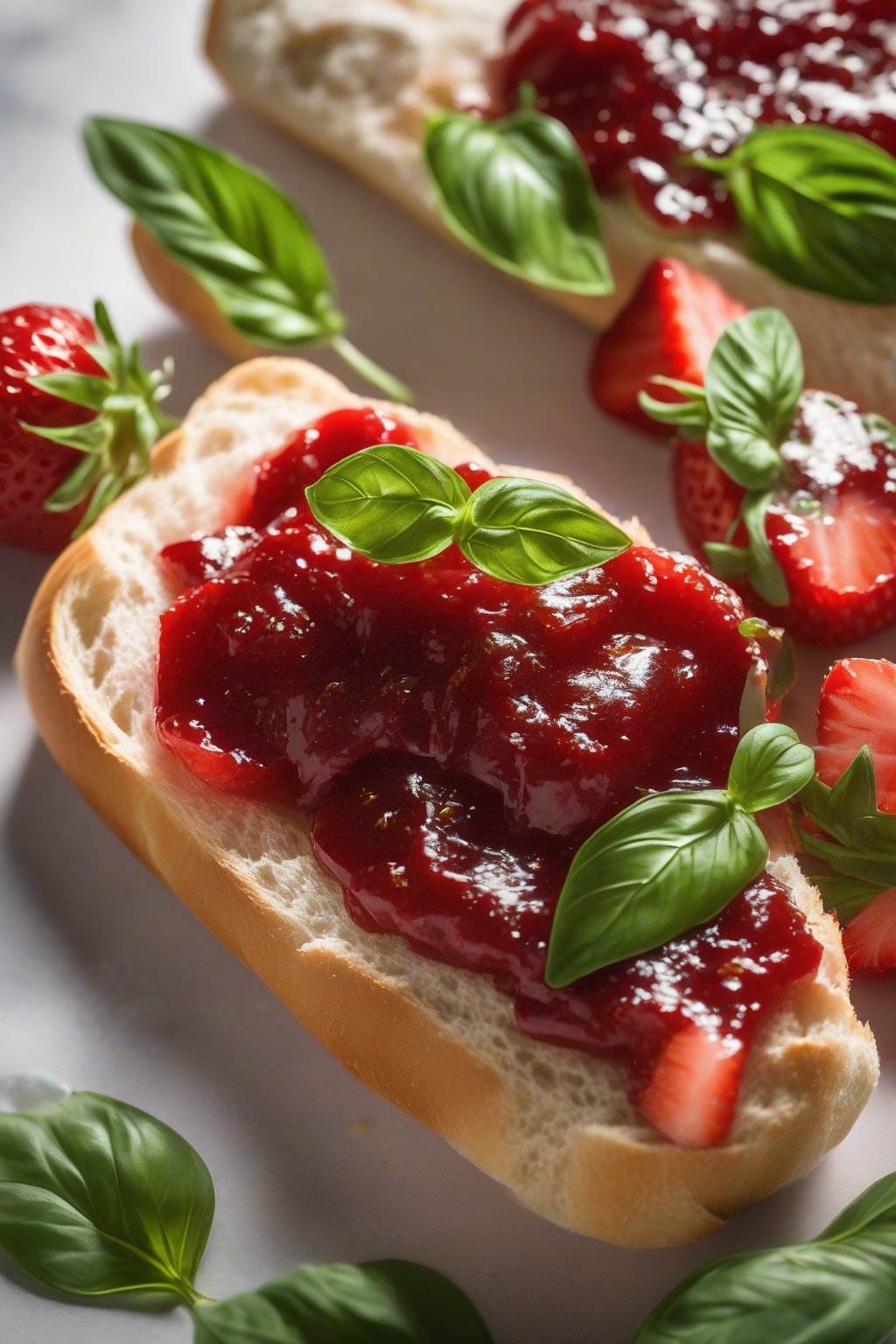 A high-resolution photo of strawberry basil jam on a baguette with fresh basil leaves, under soft lighting.