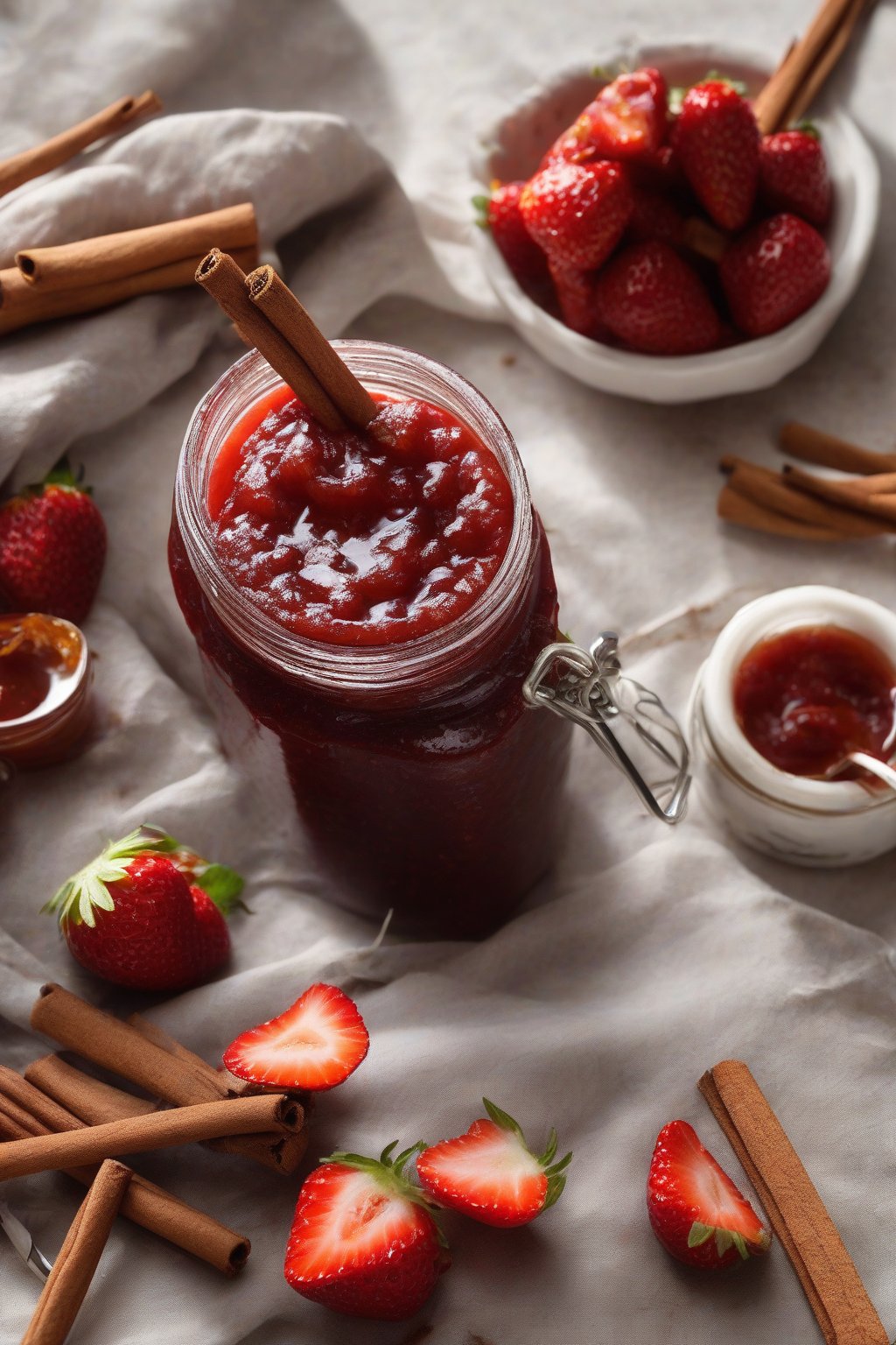 A high-resolution photo of spiced strawberry cinnamon jam with cinnamon sticks around the jar, under soft lighting.