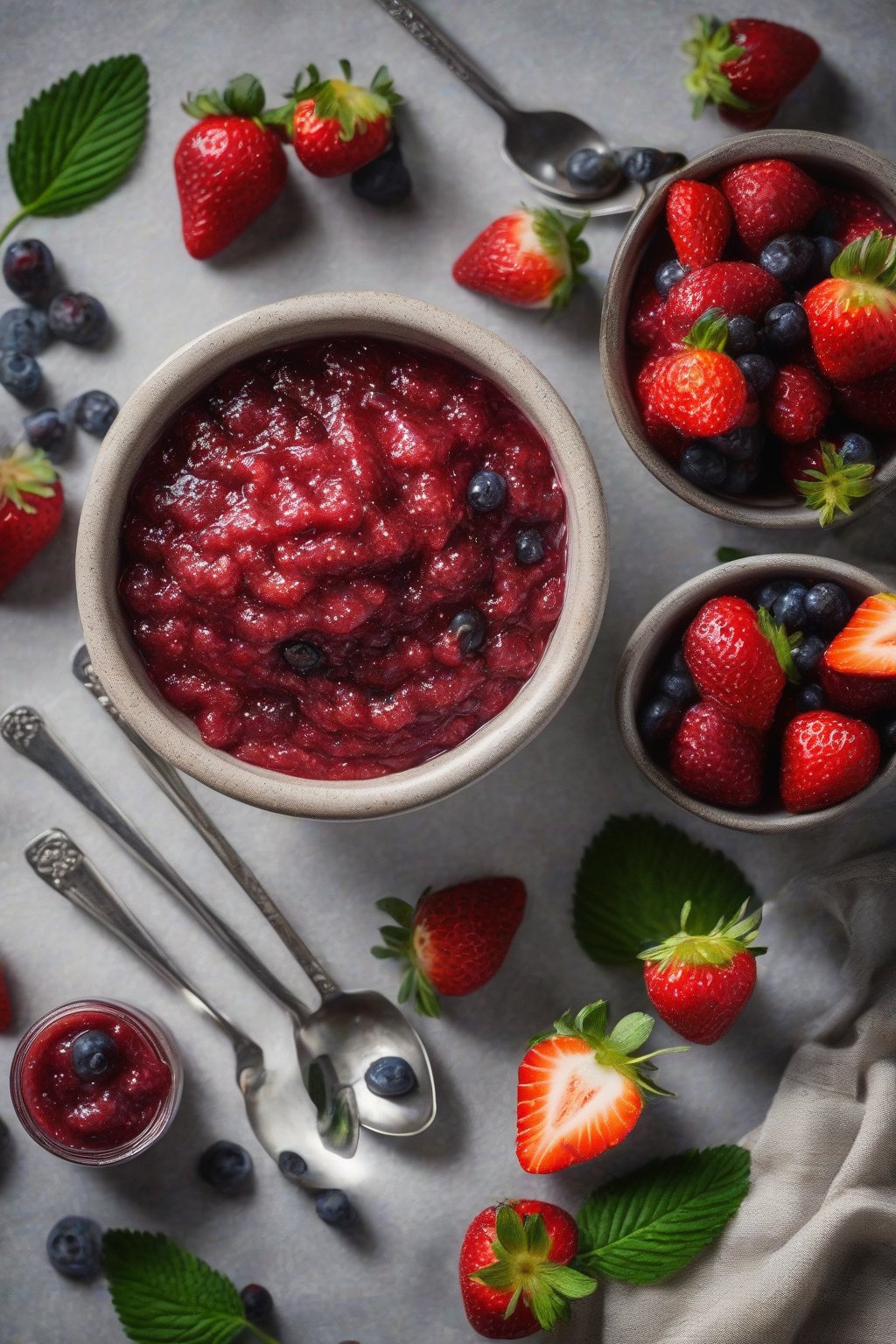 A high-resolution photo of no-cook strawberry chia jam in a bowl with spoons and fresh berries, under soft lighting.