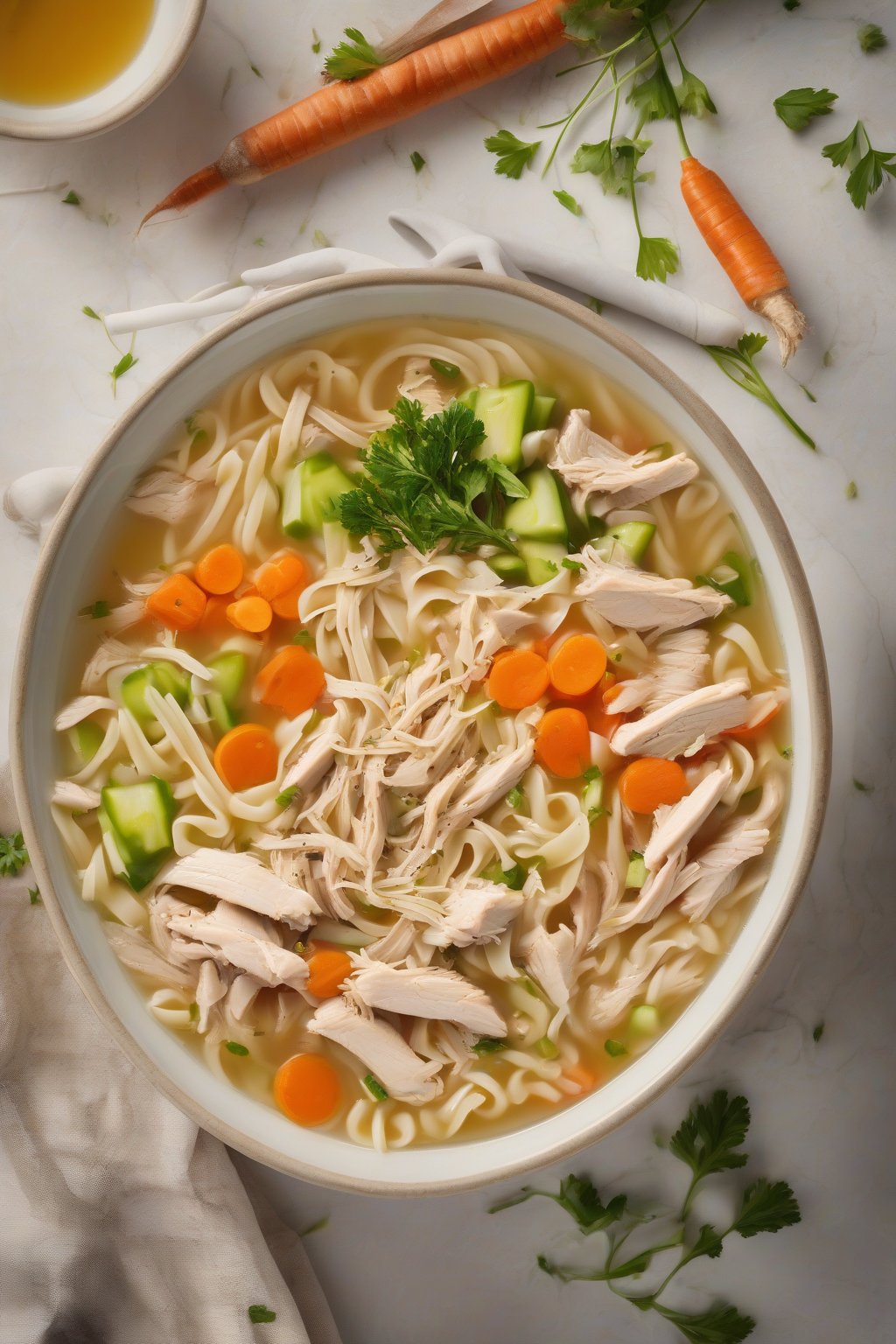 A high-resolution photo of a steaming bowl of classic chicken noodle soup with shredded chicken, noodles, and colorful veggies under soft lighting.