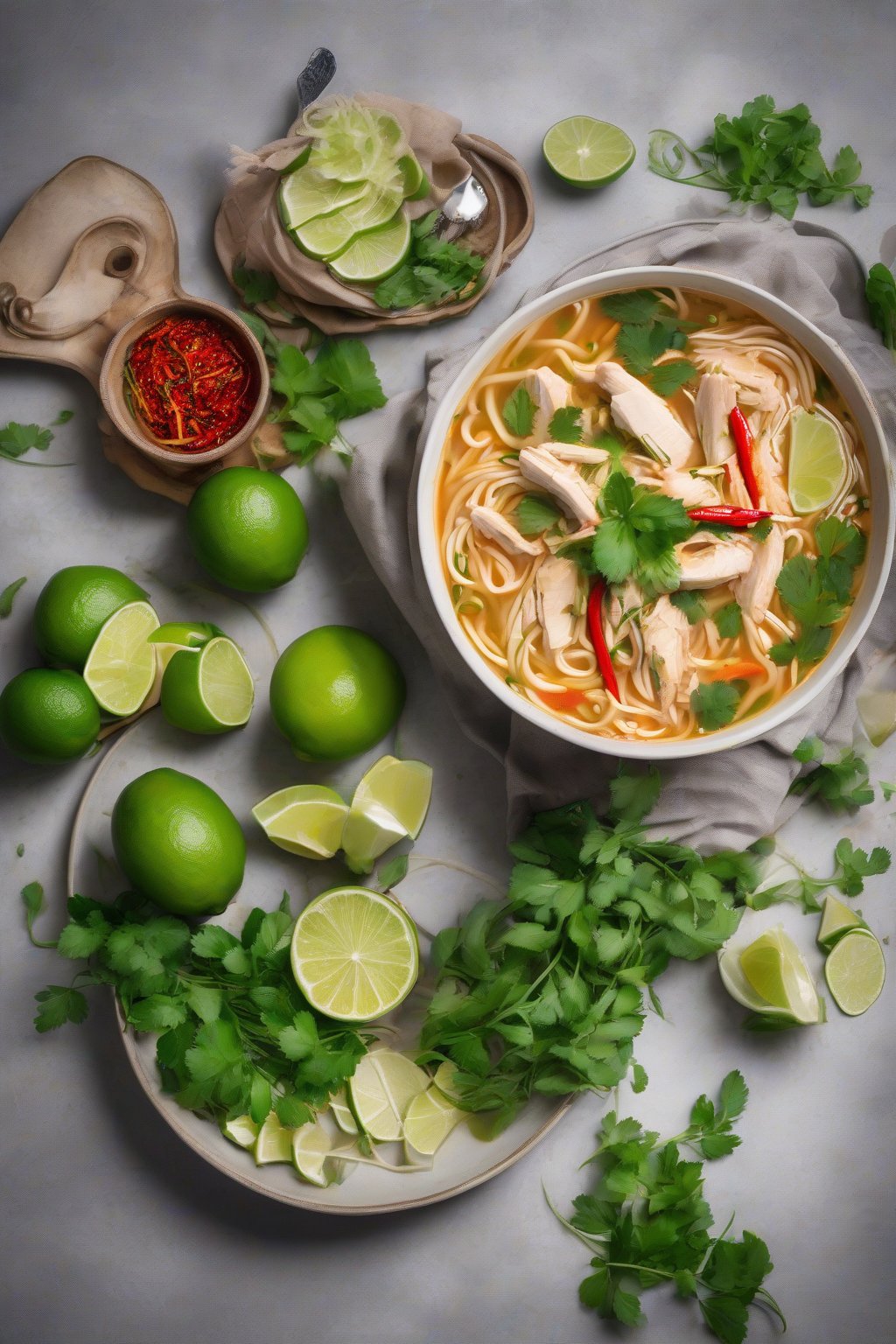 A high-resolution photo of spicy Thai chicken noodle soup garnished with lime wedges and herbs under soft lighting.