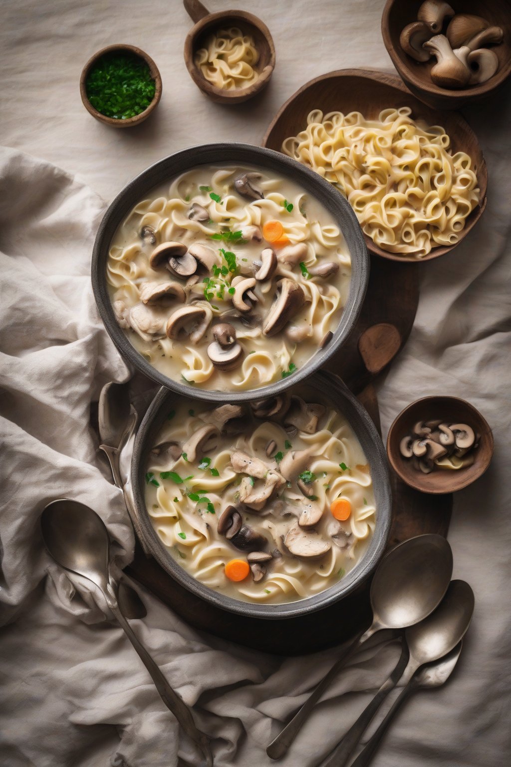 A high-resolution photo of creamy chicken noodle soup with mushrooms and noodles in a rustic bowl under soft lighting.