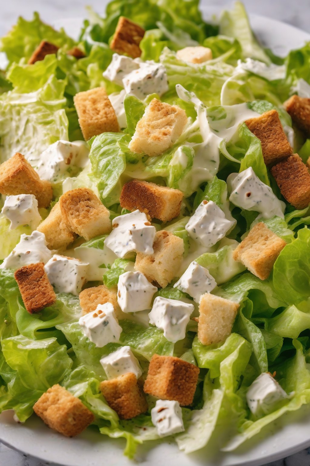 A close-up photo of traditional Cesar salad with creamy dressing and croutons under soft lighting.