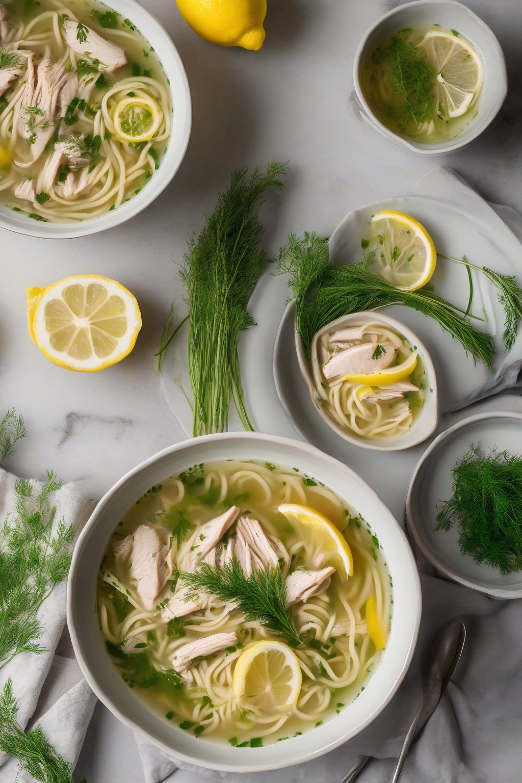 A high-resolution photo of lemon herb chicken noodle soup with fresh dill and lemon slices under soft lighting.