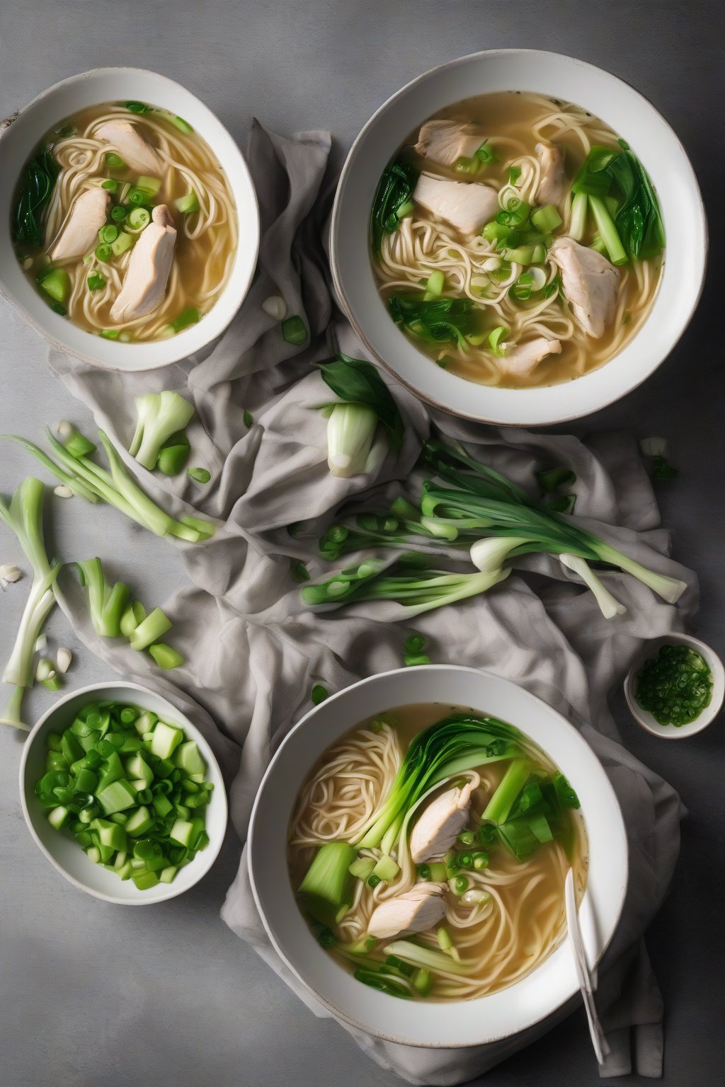 A high-resolution photo of ginger garlic chicken noodle soup with bok choy and green onions under soft lighting.