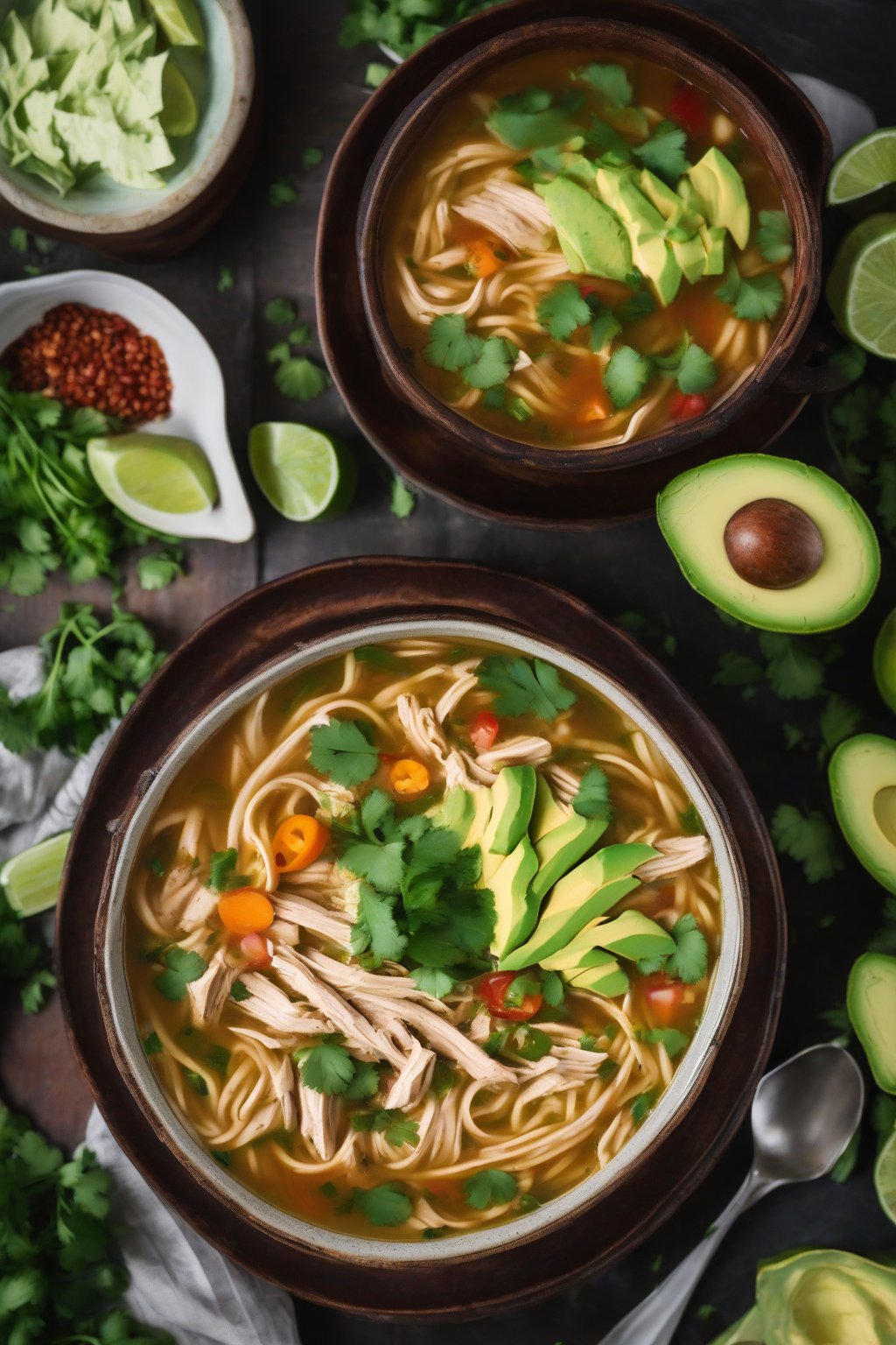 A high-resolution photo of Mexican chicken noodle soup topped with avocado and cilantro under soft lighting.