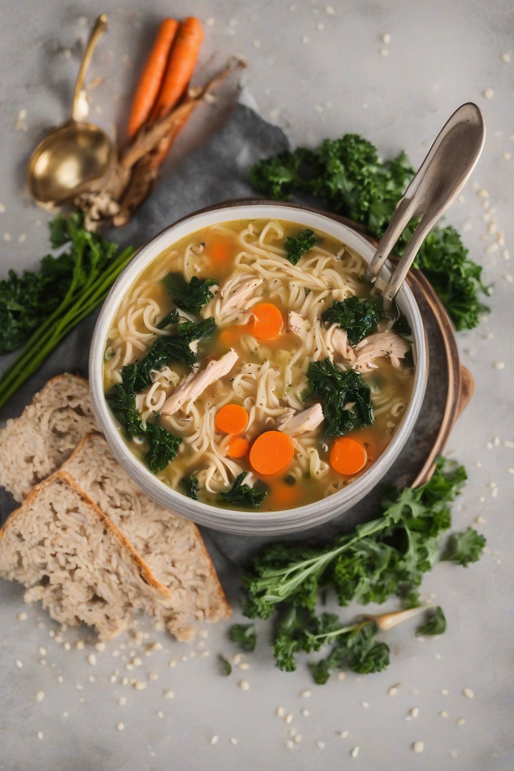 A high-resolution photo of gluten-free quinoa chicken noodle soup with kale and carrots under soft lighting.