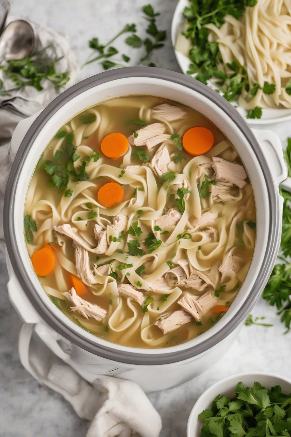 A high-resolution photo of slow cooker chicken noodle soup in a slow cooker with fresh herbs under soft lighting.