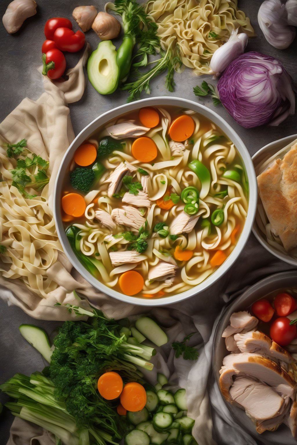 A high-resolution photo of veggie-packed chicken noodle soup overflowing with colorful vegetables under soft lighting.
