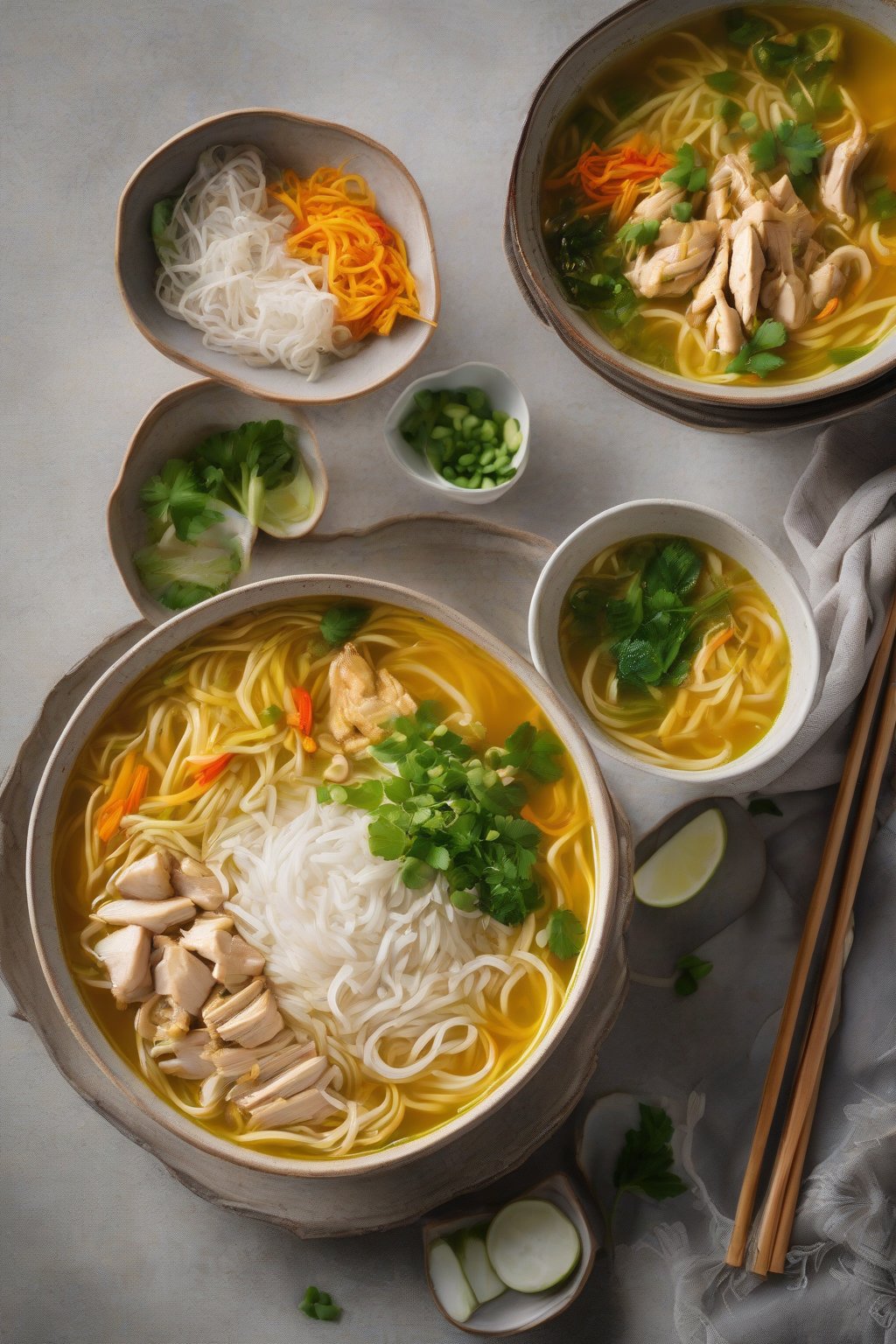 A high-resolution photo of golden turmeric chicken noodle soup with rice noodles under soft lighting.
