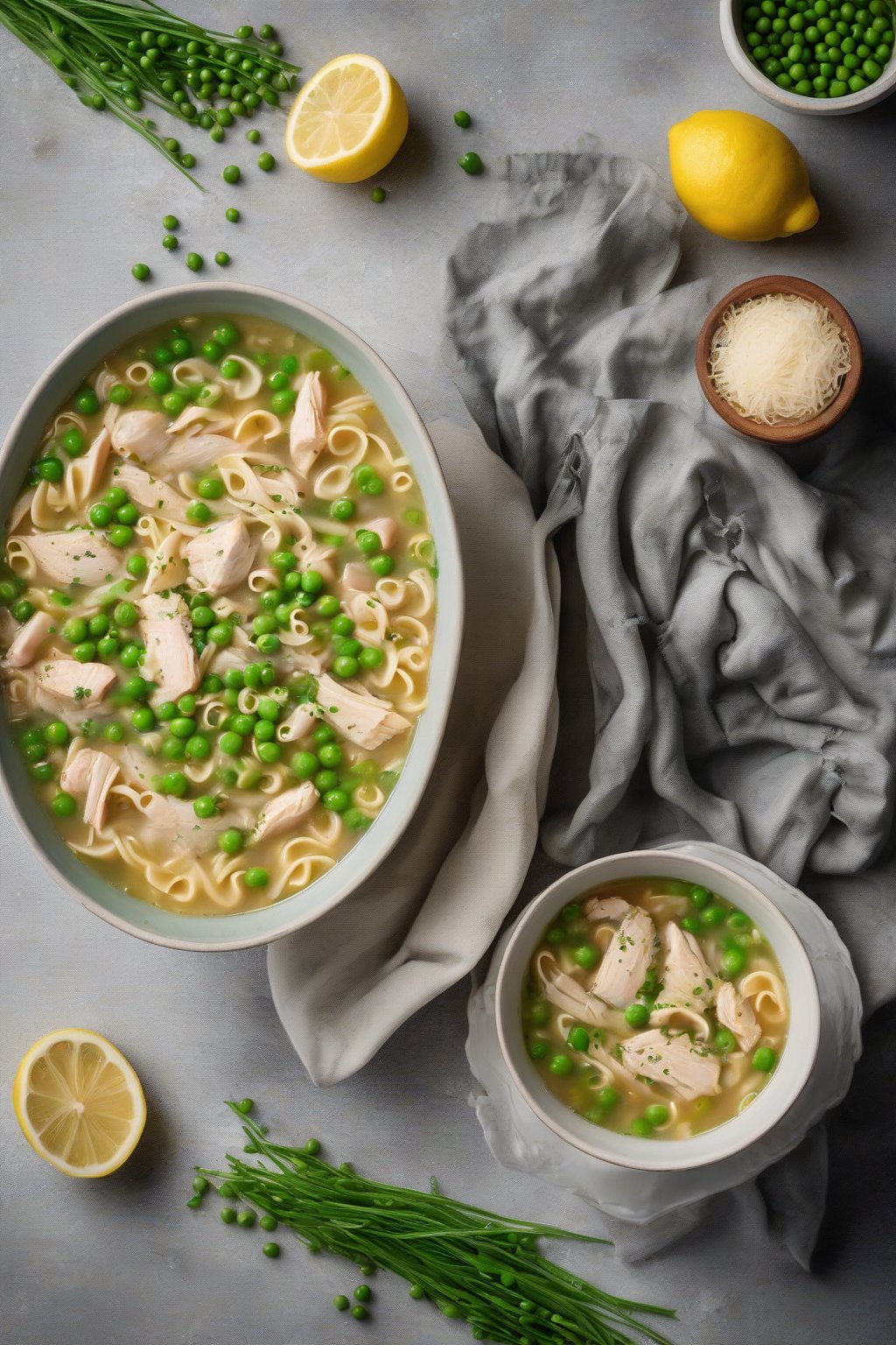 A high-resolution photo of one-pot lemon pepper chicken noodle soup with peas and parmesan under soft lighting.