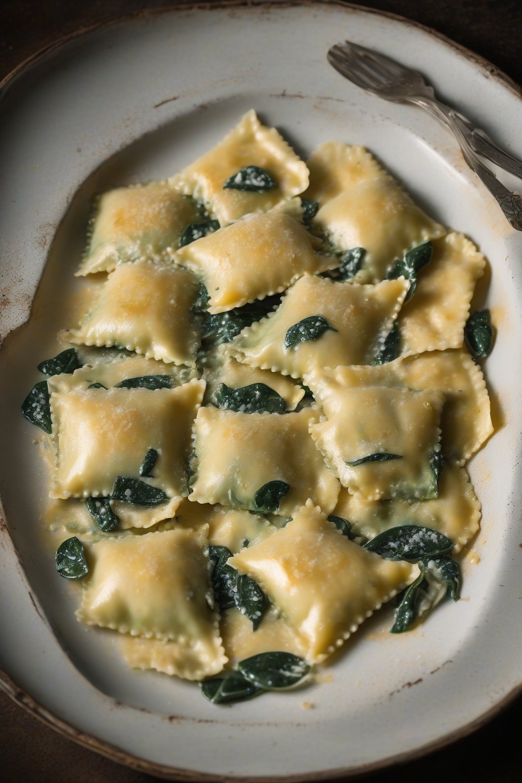 A high-resolution photo of golden ricotta and spinach ravioli tossed in sage butter, garnished with Parmesan, under soft lighting.