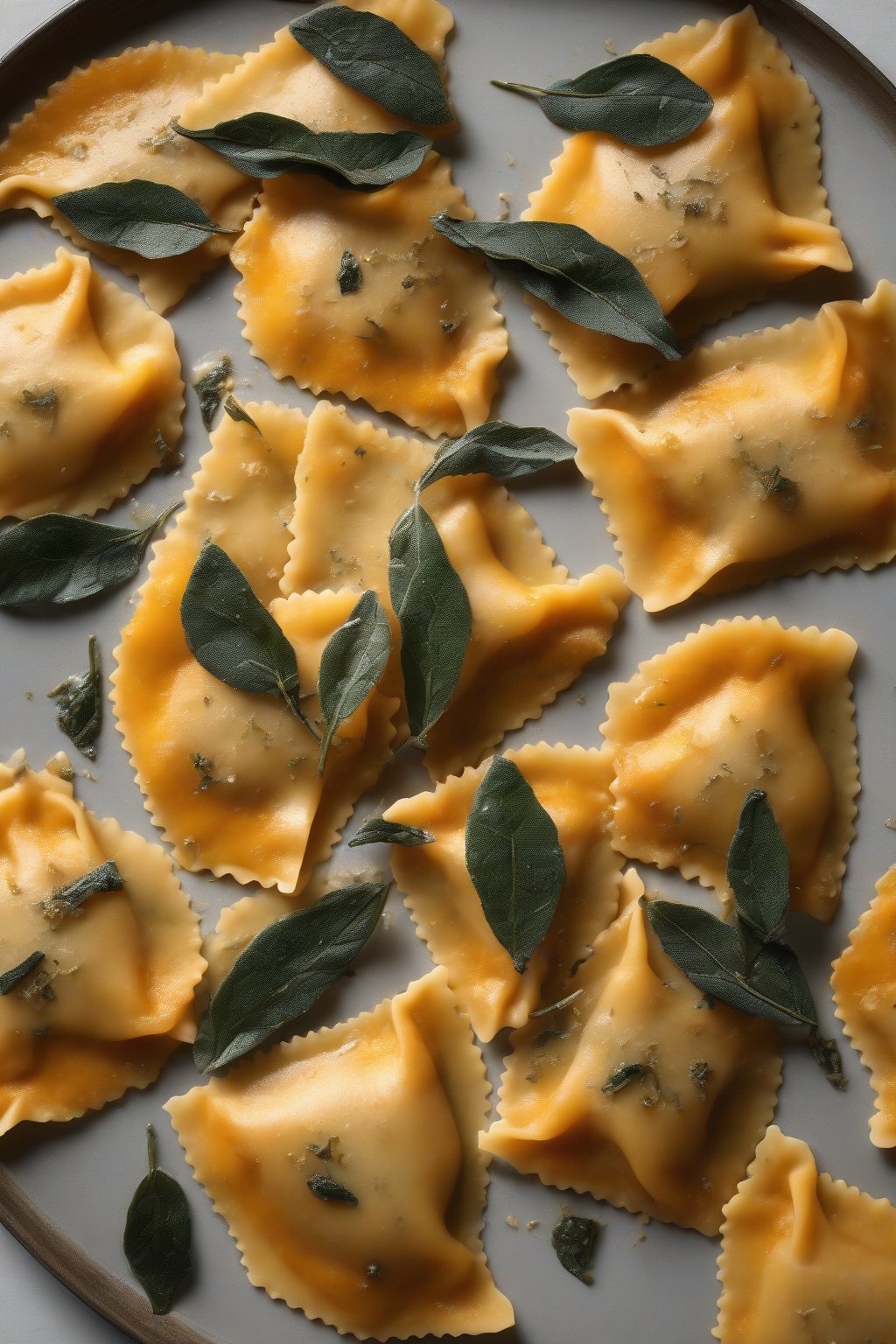 A high-resolution photo of orange-hued butternut squash ravioli drizzled with browned butter and crispy sage leaves, under soft lighting.