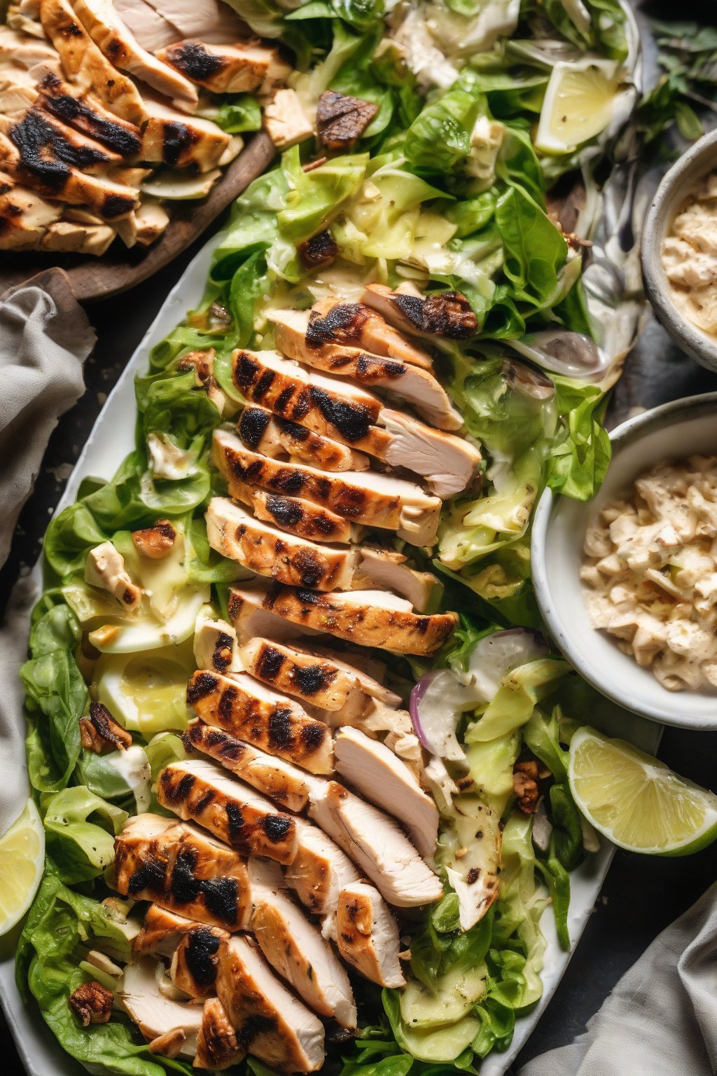 A close-up photo of grilled chicken Cesar salad with charred chicken slices under soft lighting.