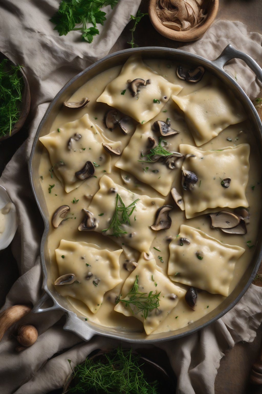 A high-resolution photo of earthy wild mushroom ravioli in a creamy porcini sauce, scattered with fresh herbs, under soft lighting.