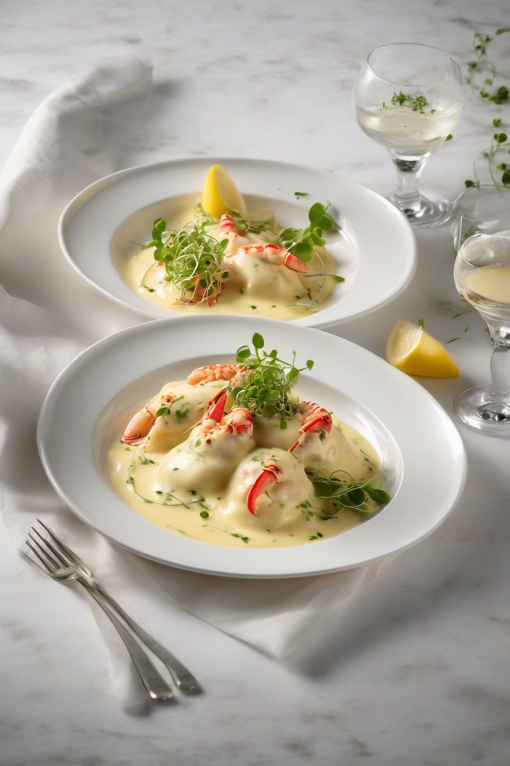 A high-resolution photo of delicate lobster ravioli with lemon cream sauce and microgreens, under soft lighting.