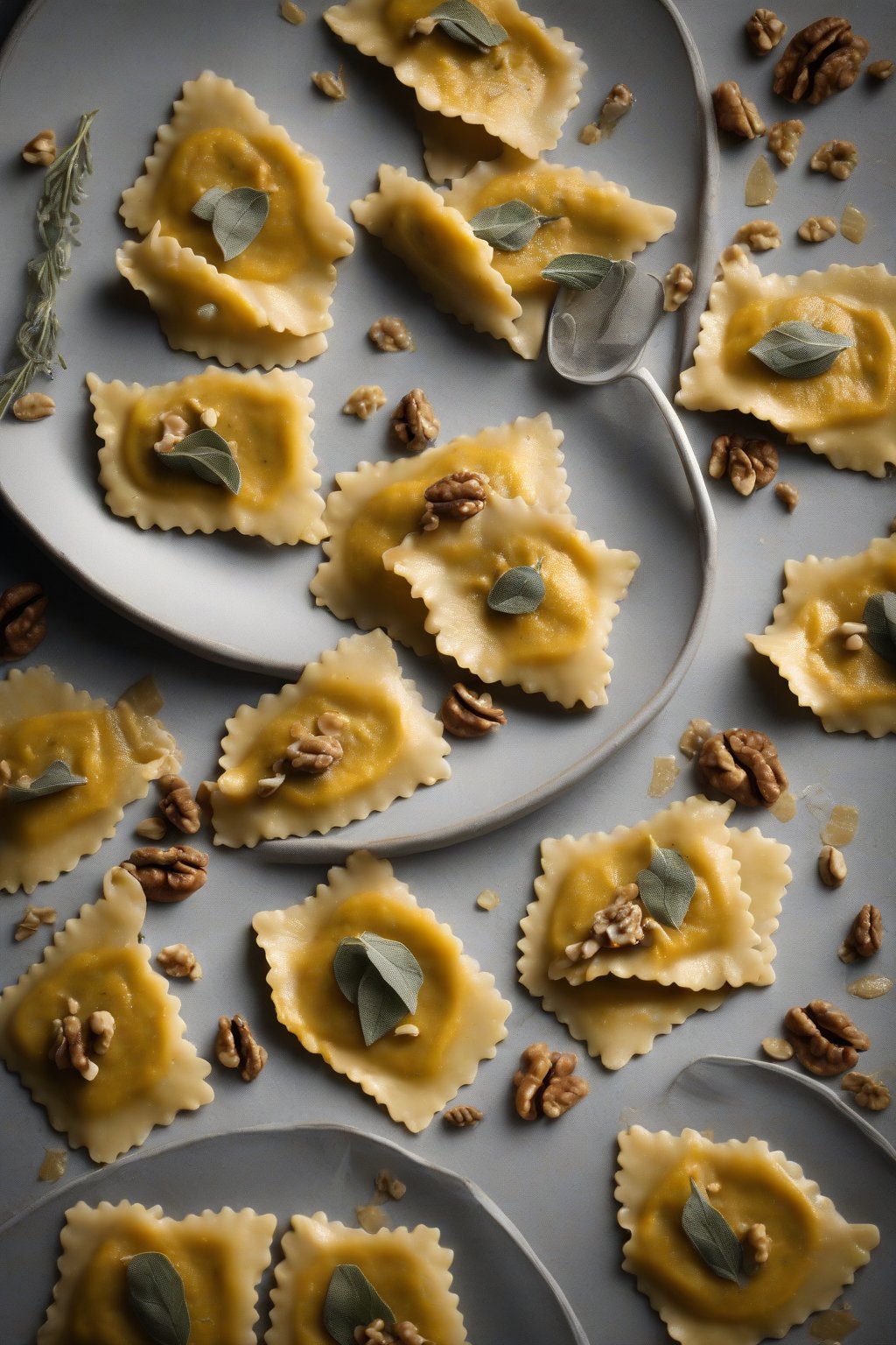 A high-resolution photo of vibrant pumpkin ravioli with walnut sage butter, under soft lighting.