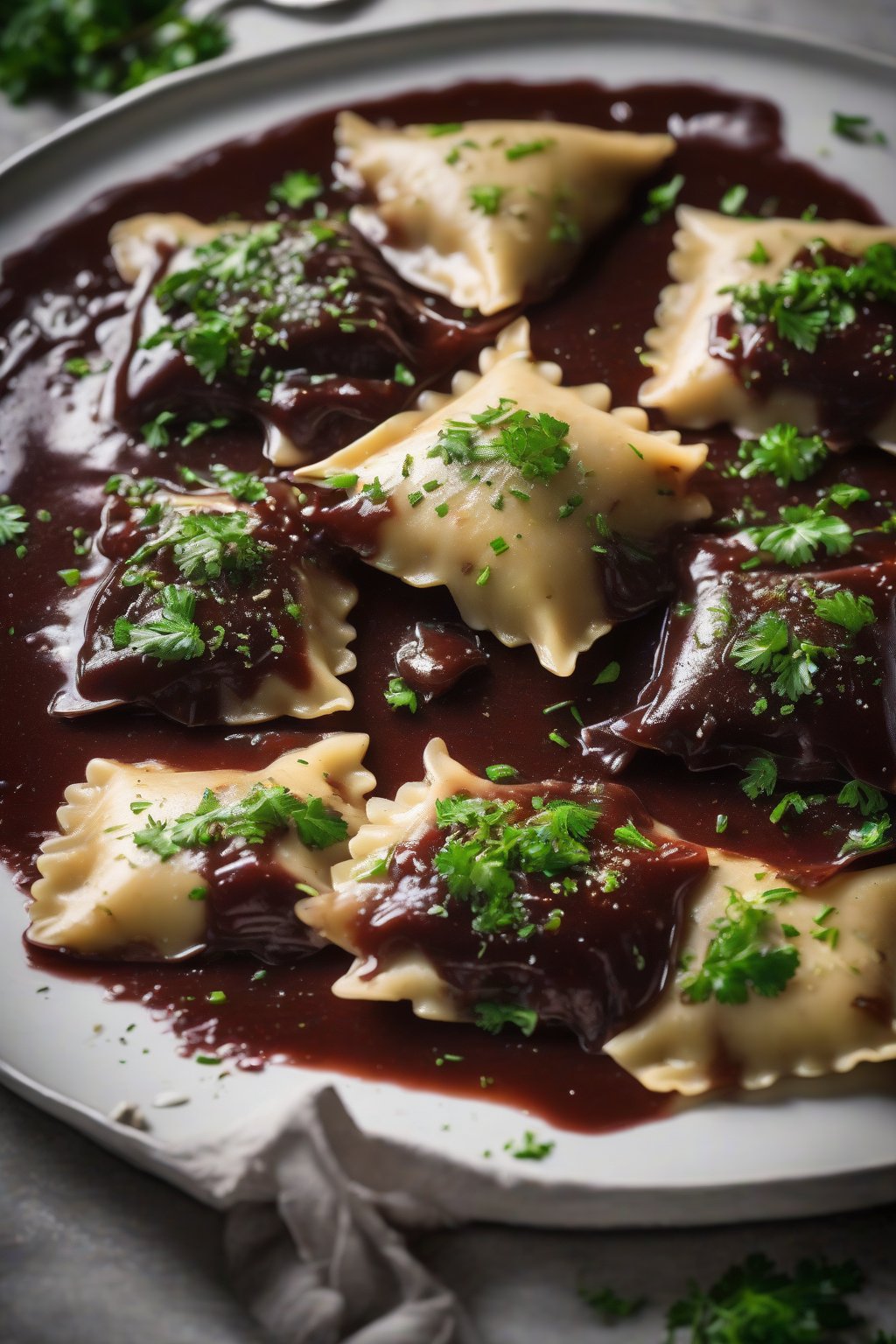 A high-resolution photo of savory short rib ravioli in red wine reduction, topped with parsley, under soft lighting.