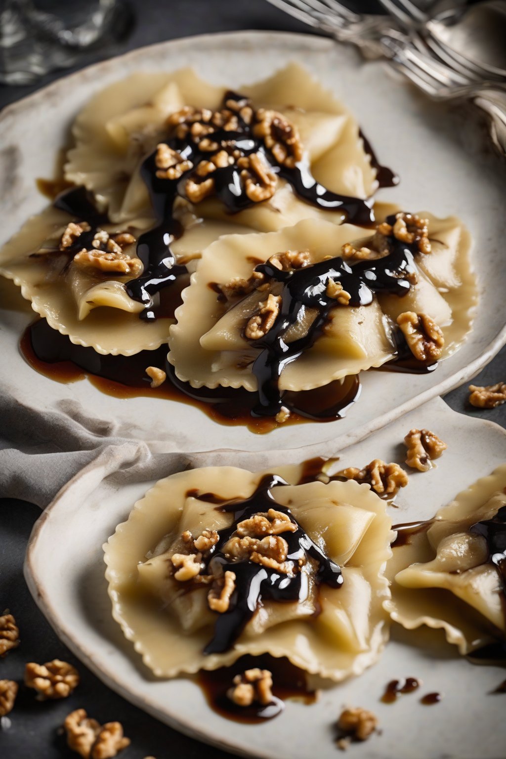 A high-resolution photo of pear and Gorgonzola ravioli with balsamic glaze and candied walnuts, under soft lighting.