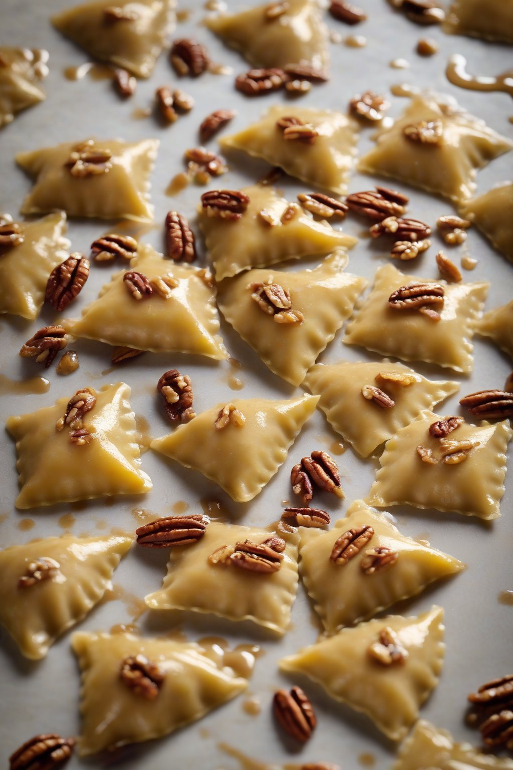 A high-resolution photo of golden sweet potato ravioli scattered with pecans and maple drizzle, under soft lighting.