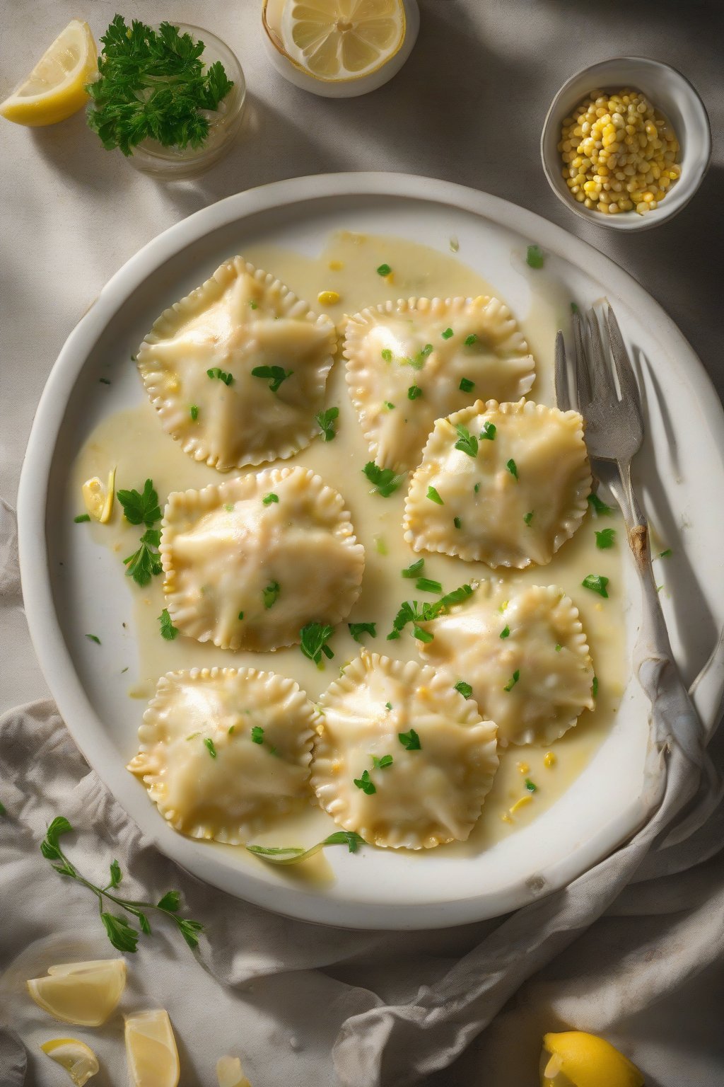 A high-resolution photo of fresh crab and corn ravioli in light lemon butter sauce, under soft lighting.