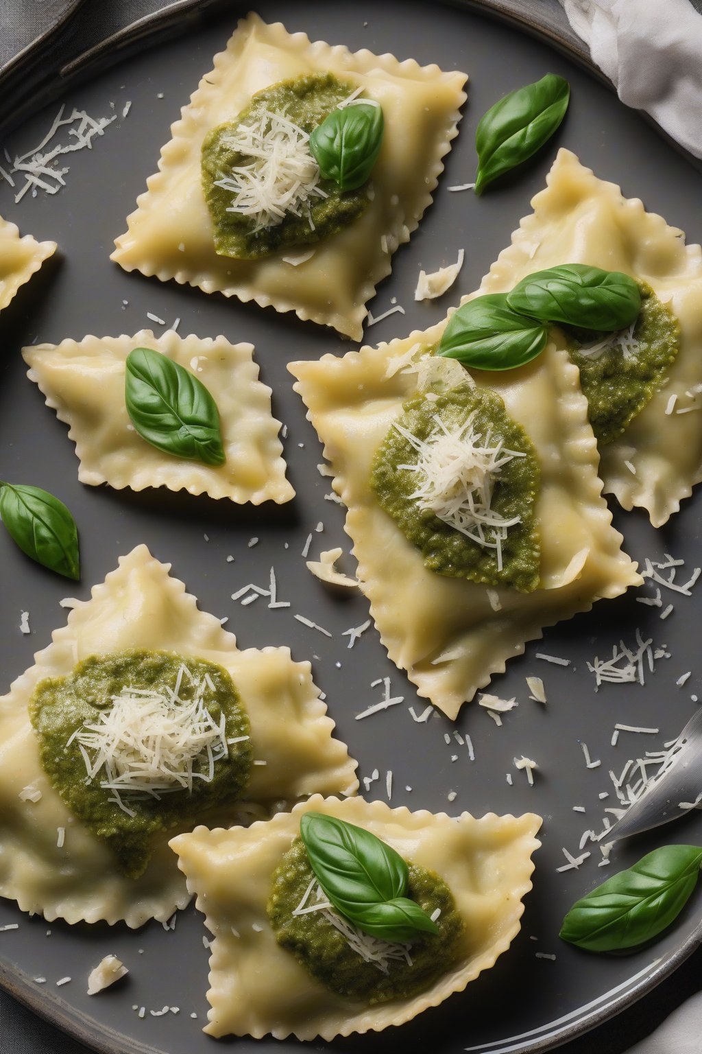 A high-resolution photo of pesto chicken ravioli topped with extra pesto and Parmesan shavings, under soft lighting.