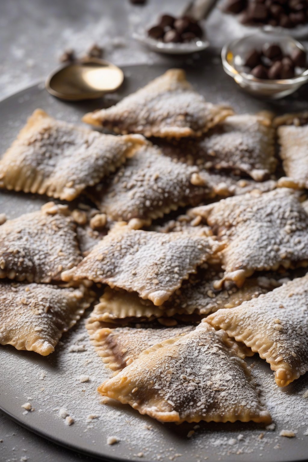 A high-resolution photo of crispy chocolate hazelnut ravioli dusted with powdered sugar and hazelnuts, under soft lighting.