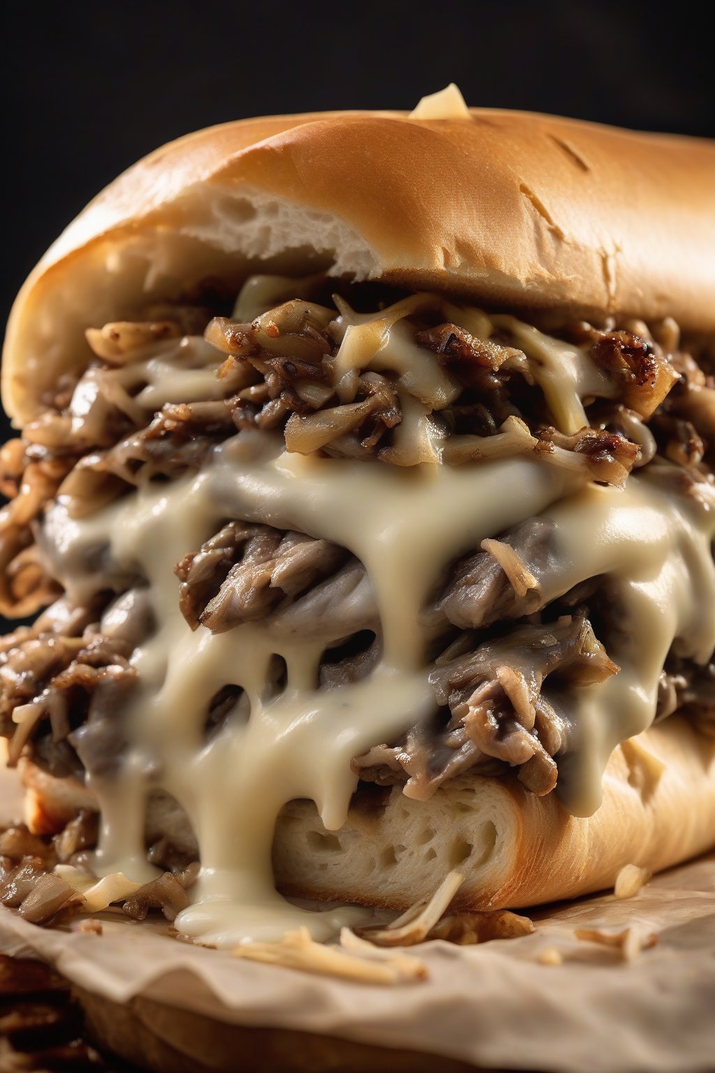A high-resolution photo of a classic provolone Philly cheesesteak oozing cheese from a seeded hoagie roll, with caramelized onions visible, under soft lighting.