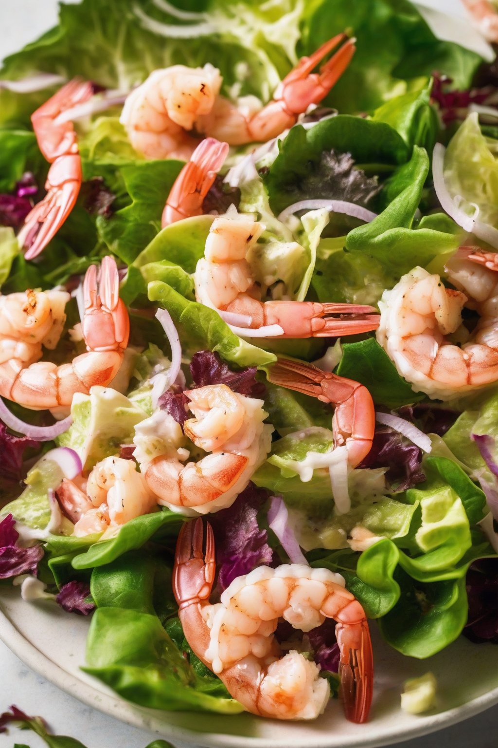 A close-up photo of shrimp Cesar salad with pink shrimp atop greens under soft lighting.