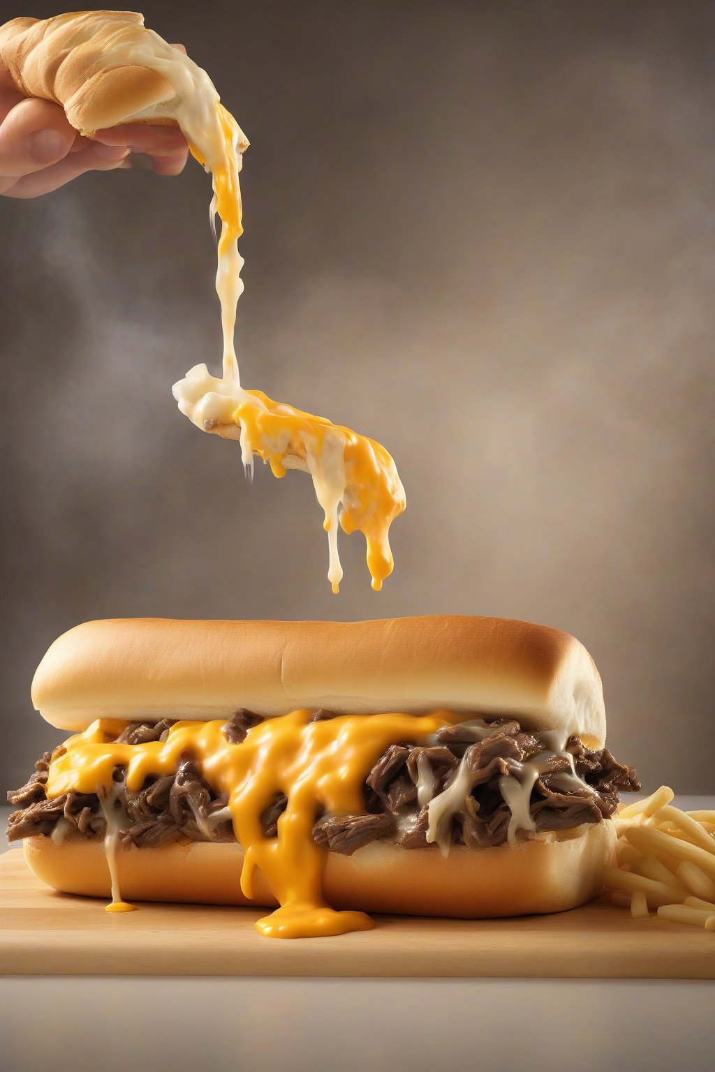 A high-resolution photo of a Cheez Whiz wit onions cheesesteak dripping bright orange cheese onto a soft roll, steam rising, under soft lighting.