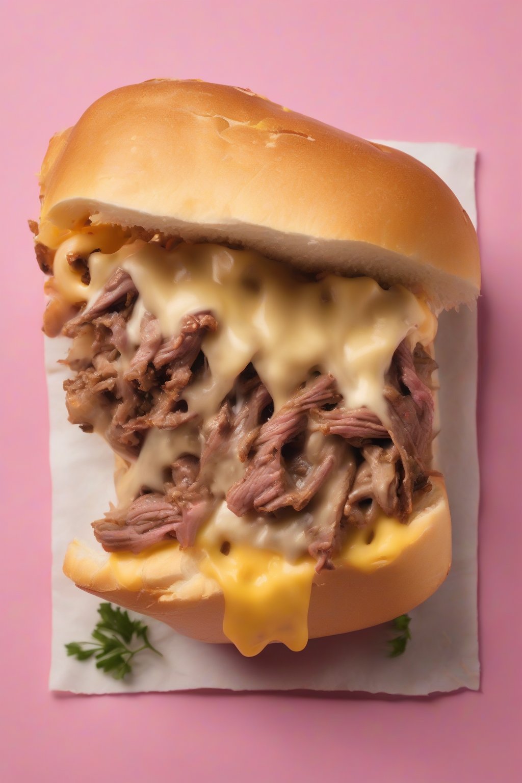 A high-resolution photo of an American cheese cheesesteak without onions, golden cheese melting over pink beef in a crisp roll, under soft lighting.
