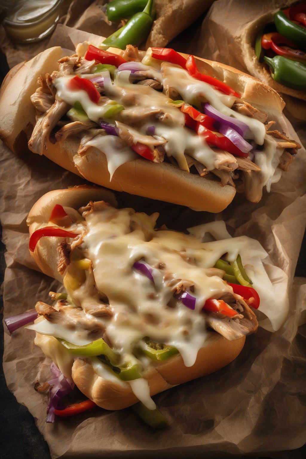 A high-resolution photo of a chicken Philly cheesesteak piled with peppers, onions, and melted provolone in a toasted roll, under soft lighting.