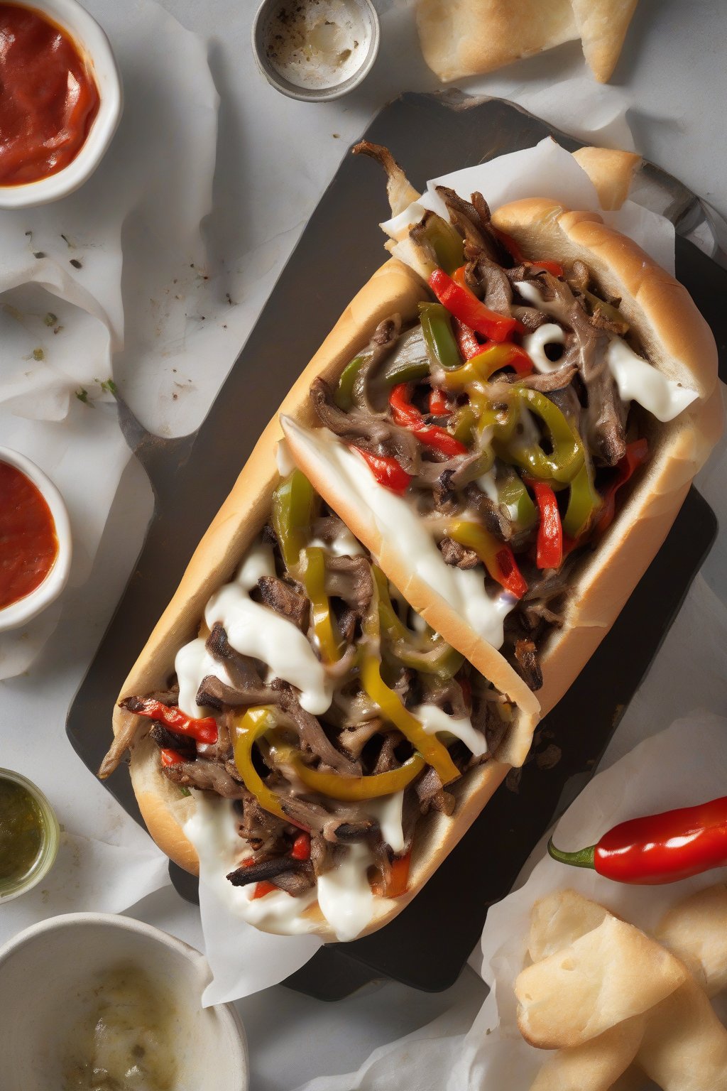 A high-resolution photo of a pepperonata Philly cheesesteak with charred hot peppers and stringy mozzarella bursting from the roll, under soft lighting.