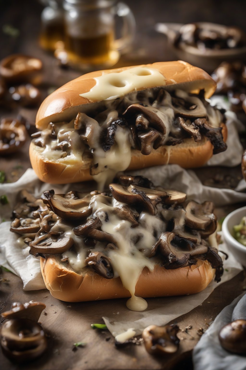 A high-resolution photo of a mushroom Swiss Philly cheesesteak with dark caramelized mushrooms peeking through melted cheese on a seeded bun, under soft lighting.