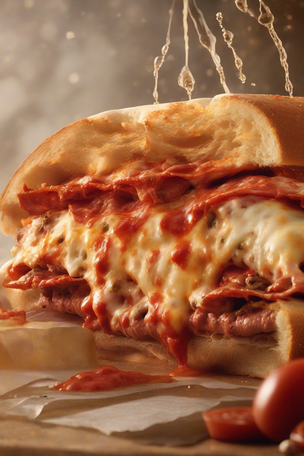 A high-resolution photo of a pizza steak sandwich with bubbly cheese, pepperoni flecks, and red sauce dripping from a golden roll, under soft lighting.