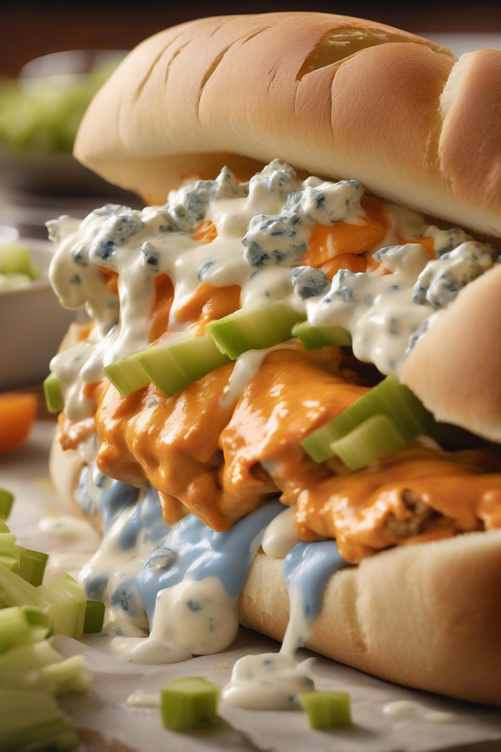 A high-resolution photo of a buffalo chicken Philly oozing blue cheese with fiery orange sauce and celery bits in a soft hoagie, under soft lighting.