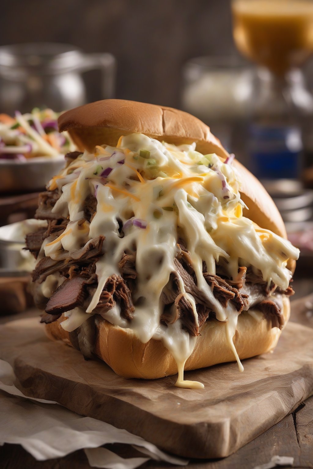 A high-resolution photo of a BBQ brisket Philly cheesesteak topped with creamy coleslaw and melted cheddar on a toasted roll, under soft lighting.