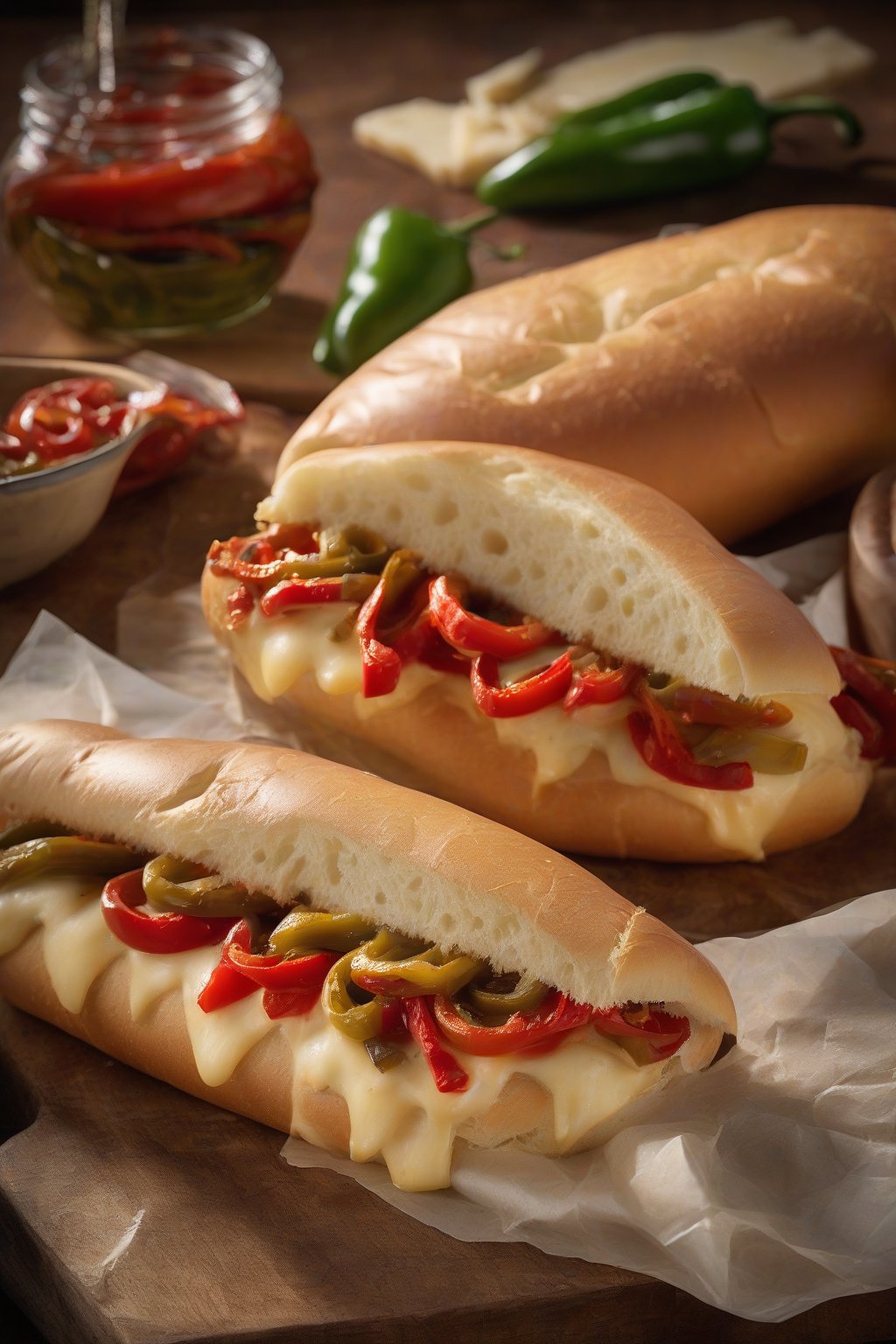 A high-resolution photo of a sharp provolone Italian Philly with roasted peppers glistening under tangy cheese in a crusty roll, under soft lighting.