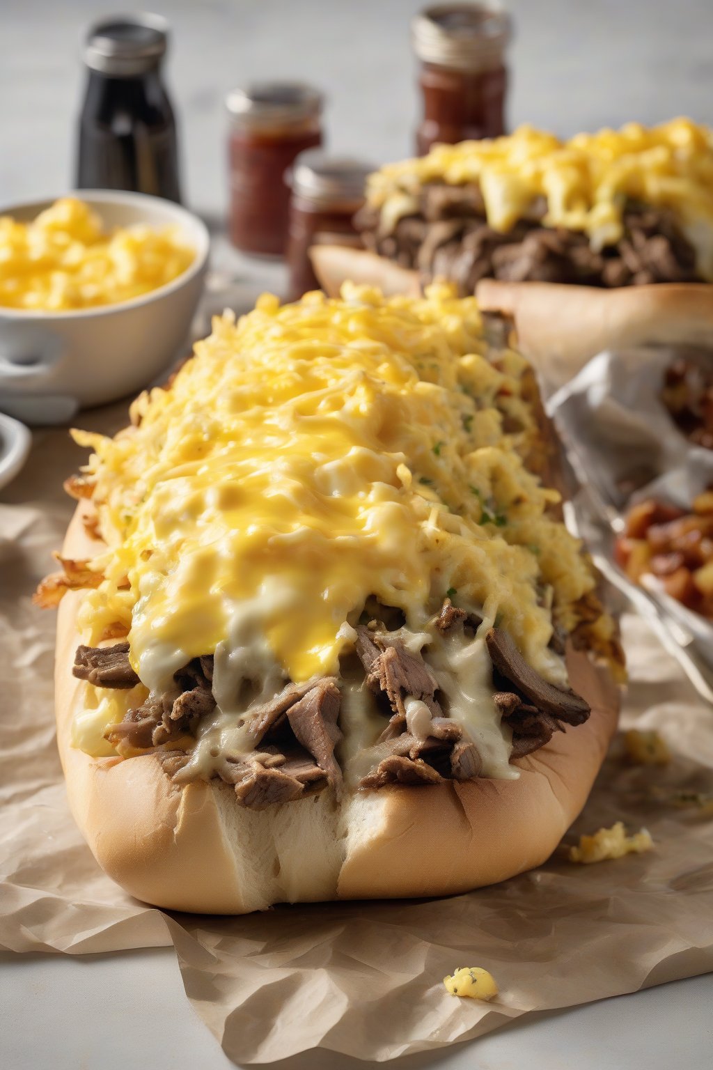 A high-resolution photo of a breakfast cheesesteak hoagie with scrambled eggs, hash browns, and gooey cheese spilling out, under soft lighting.