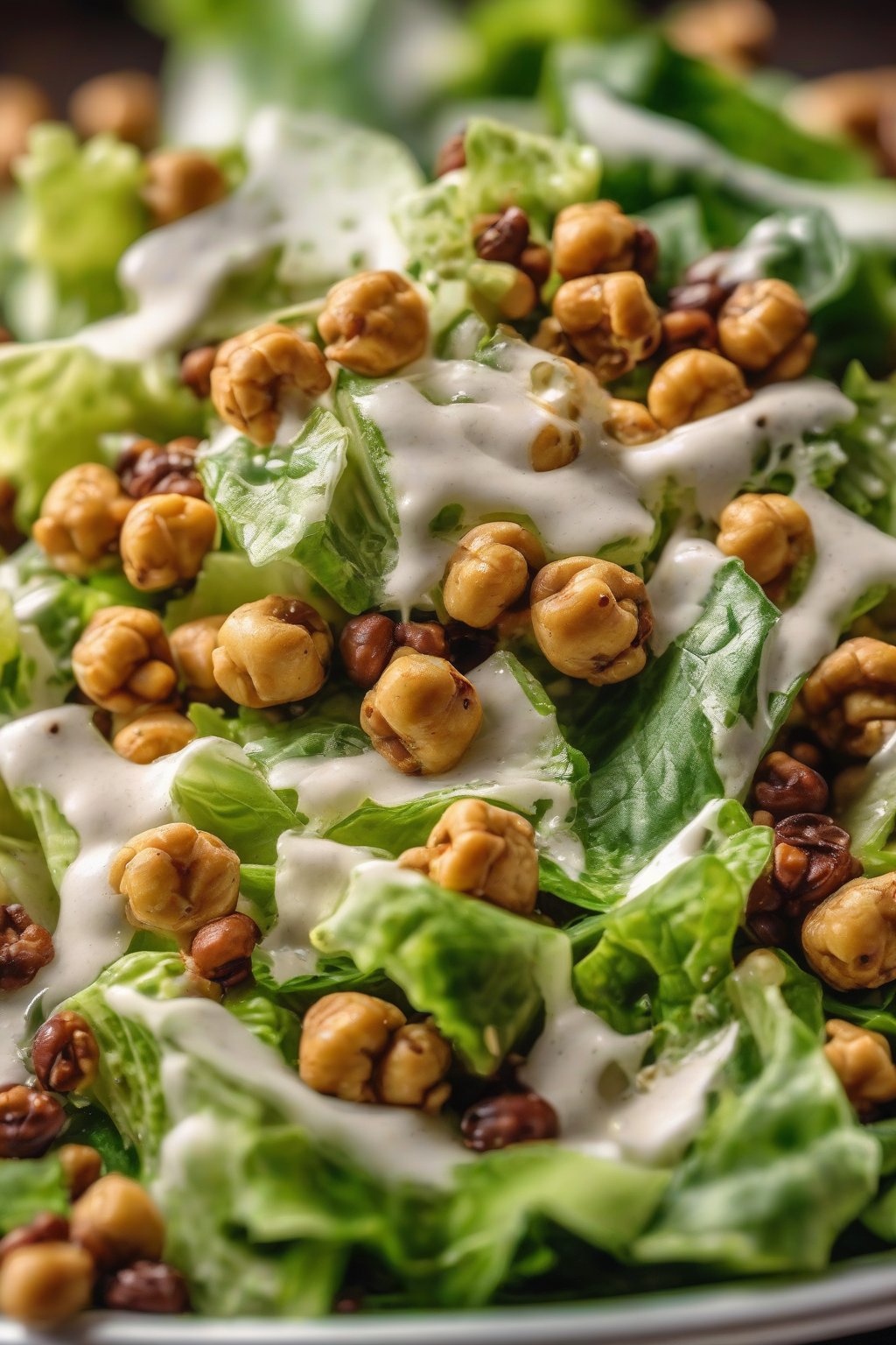 A close-up photo of vegan Cesar salad with roasted chickpeas under soft lighting.