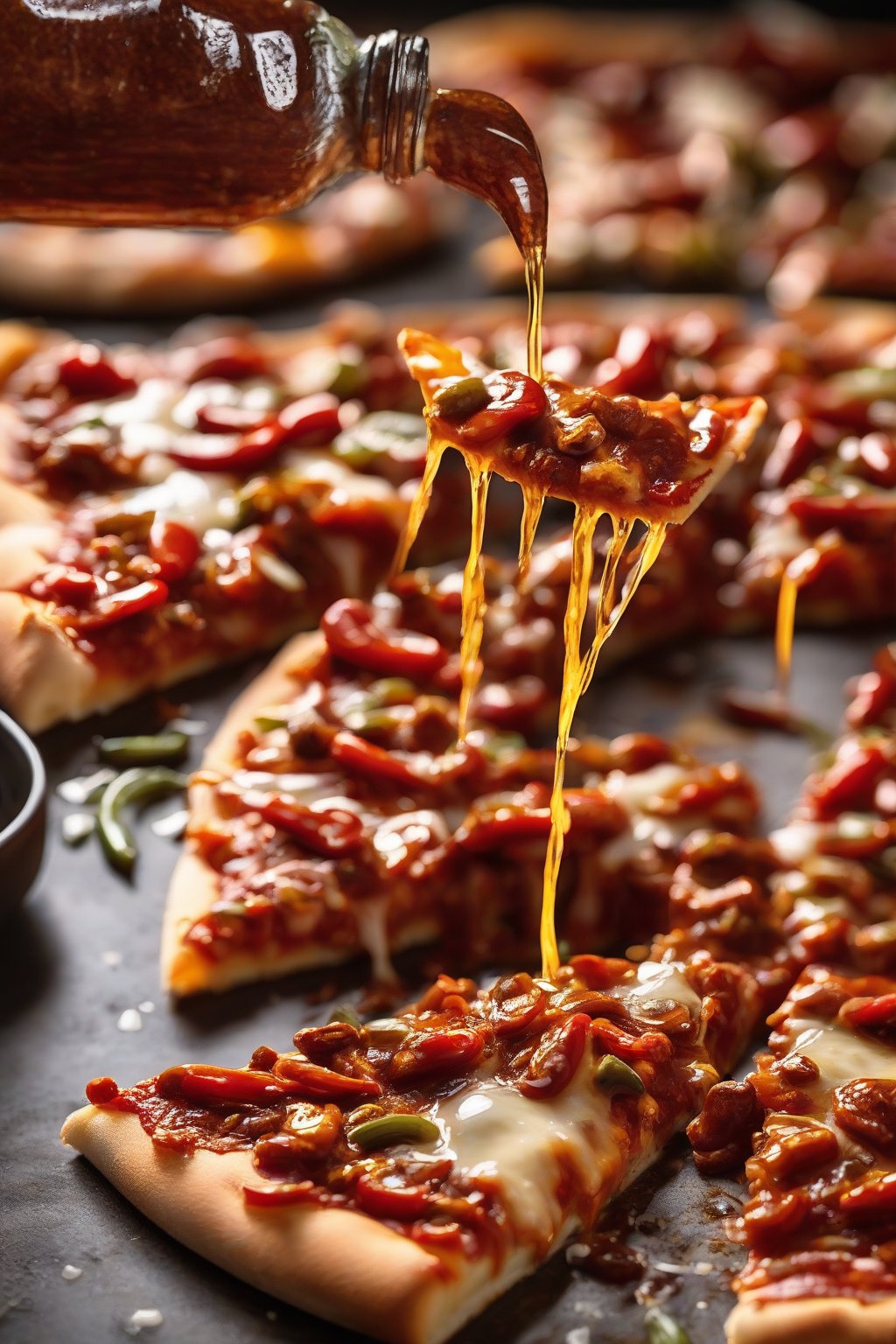 A close-up photo of classic chili hot honey being drizzled over pizza slices under soft lighting.