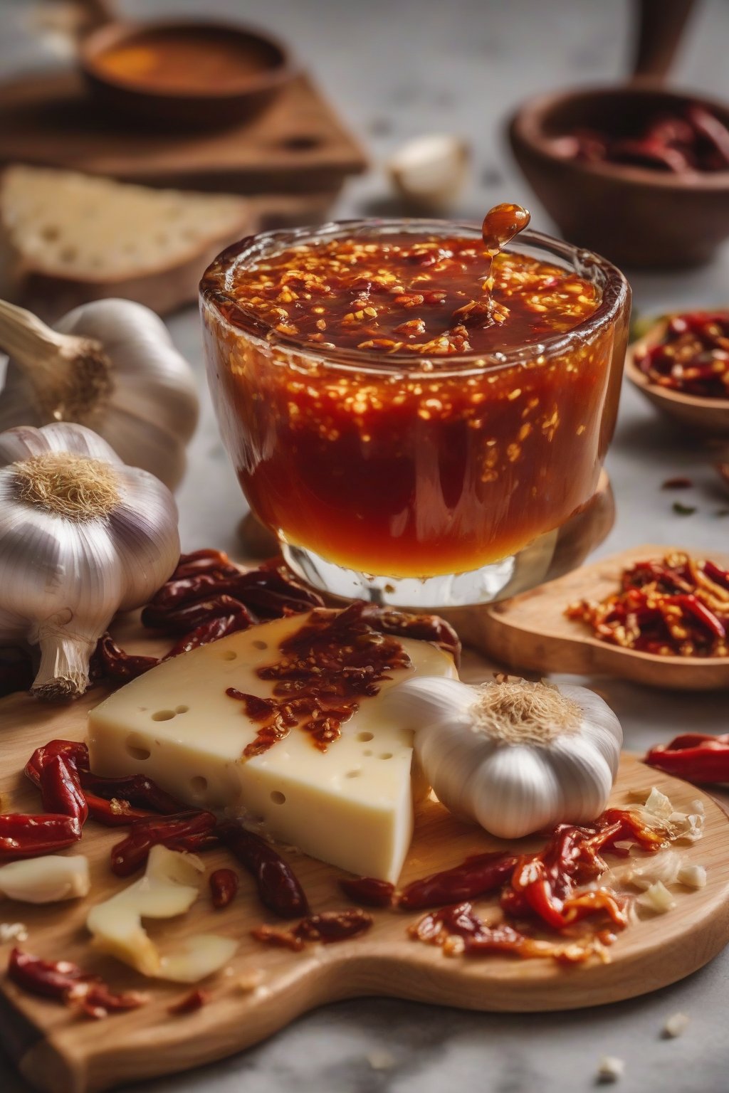 A close-up photo of garlic chili hot honey poured over a cheese board under soft lighting.