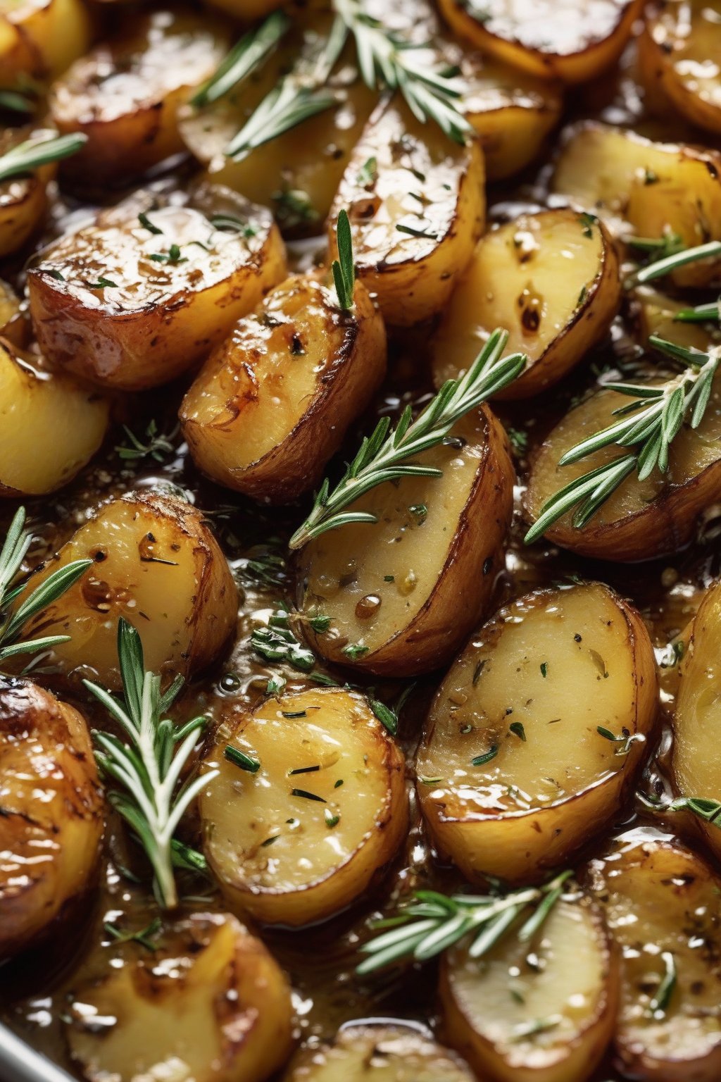 A close-up photo of rosemary hot honey drizzled on roasted potatoes under soft lighting.