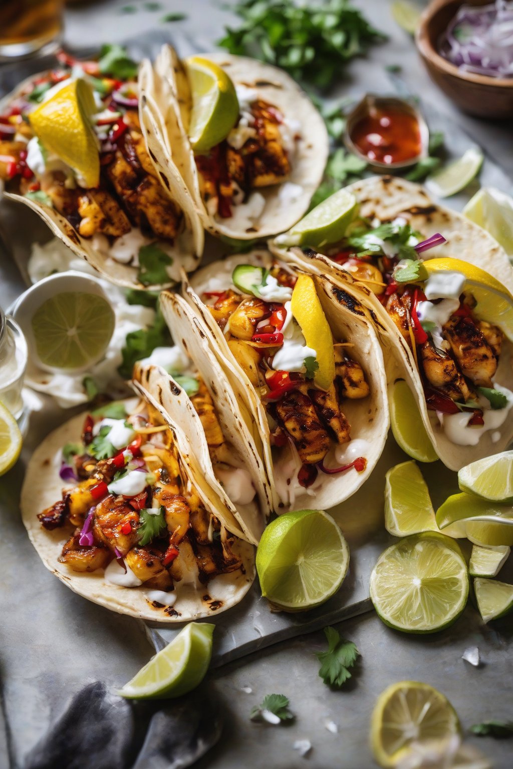 A close-up photo of lemon chili hot honey over grilled fish tacos under soft lighting.