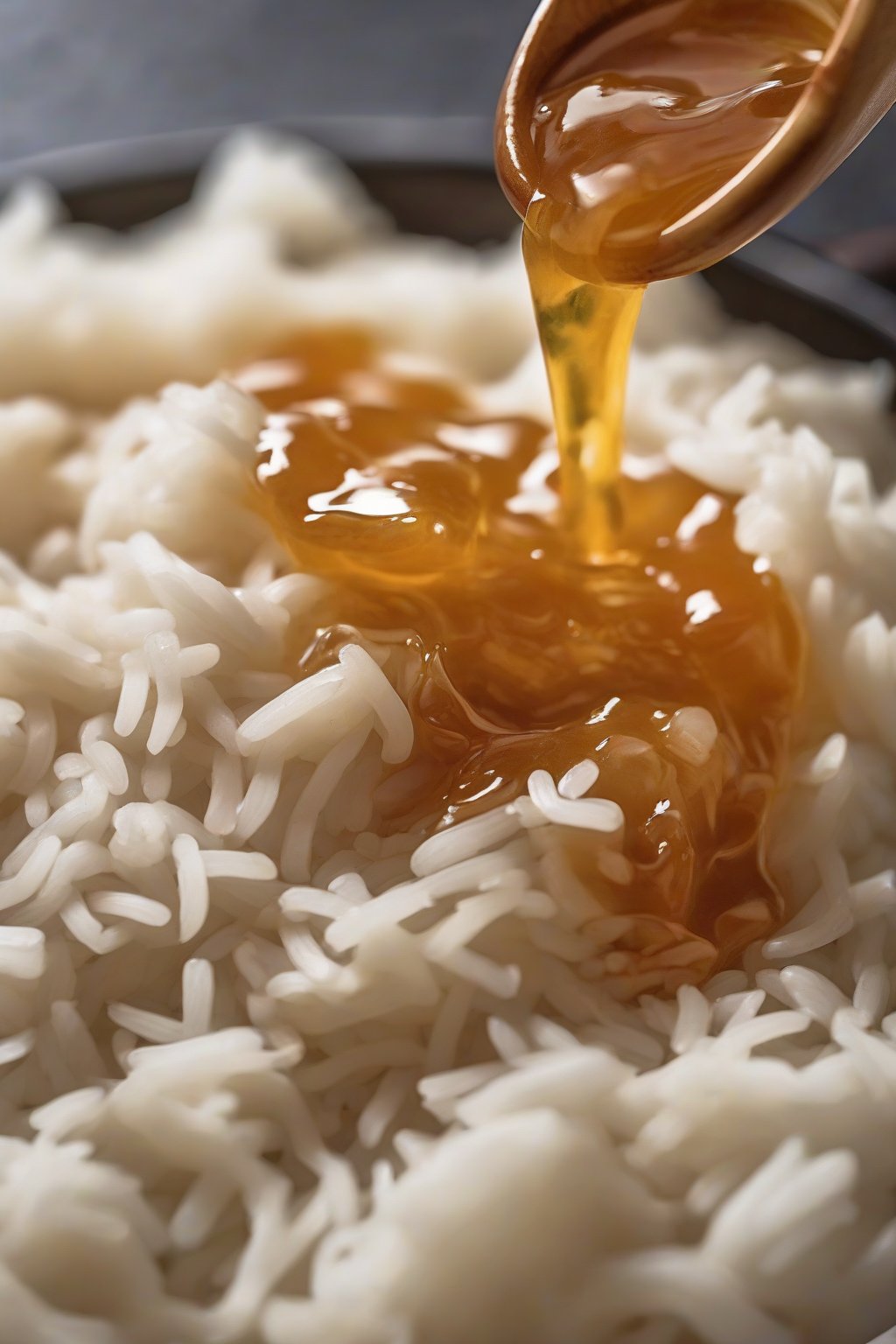 A close-up photo of ginger hot honey spooned over a rice bowl under soft lighting.