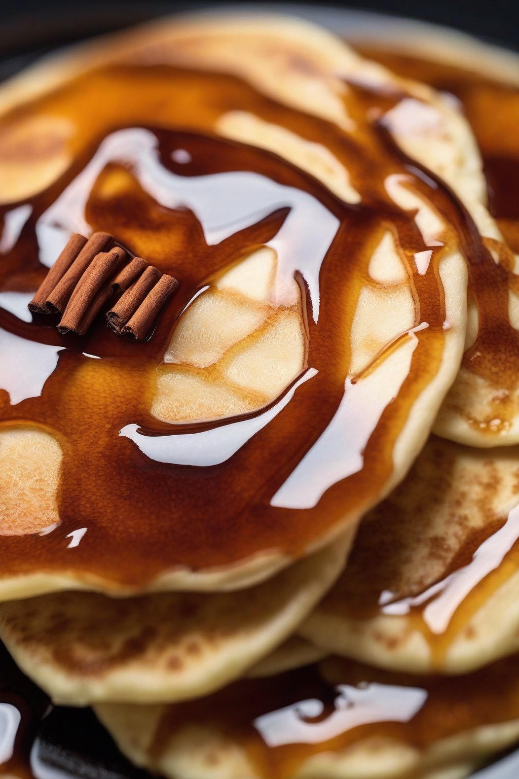 A close-up photo of cinnamon hot honey drizzled on pancakes under soft lighting.