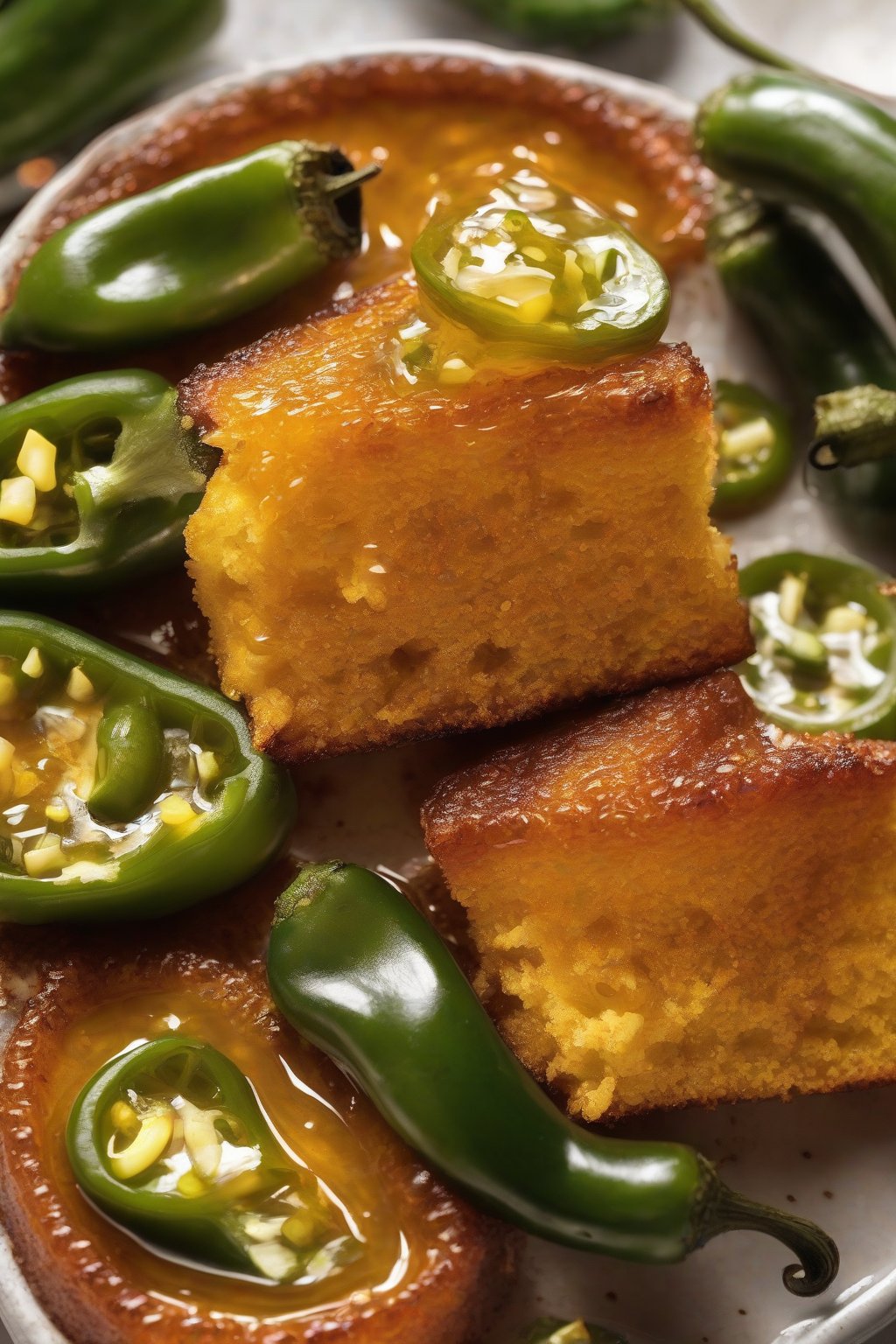 A close-up photo of jalapeño hot honey over cornbread under soft lighting.