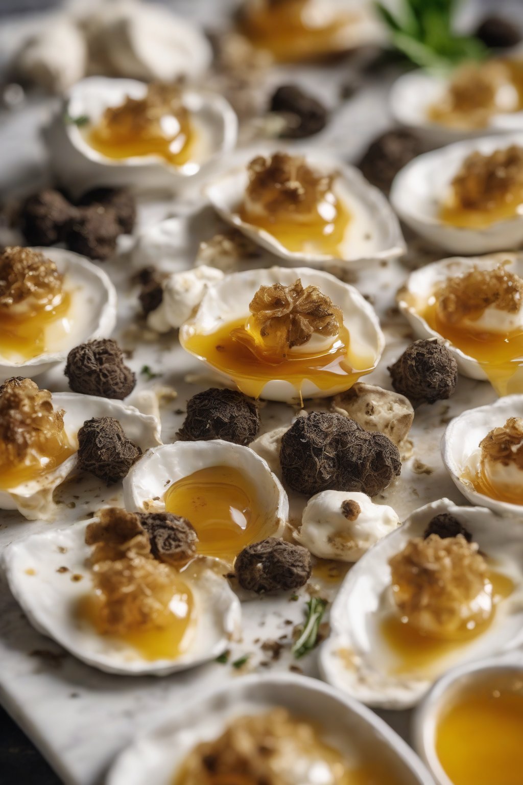 A close-up photo of truffle hot honey on burrata cheese under soft lighting.
