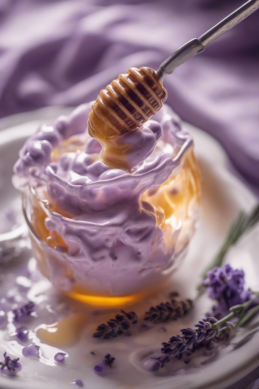 A close-up photo of lavender hot honey drizzled on ice cream under soft lighting.