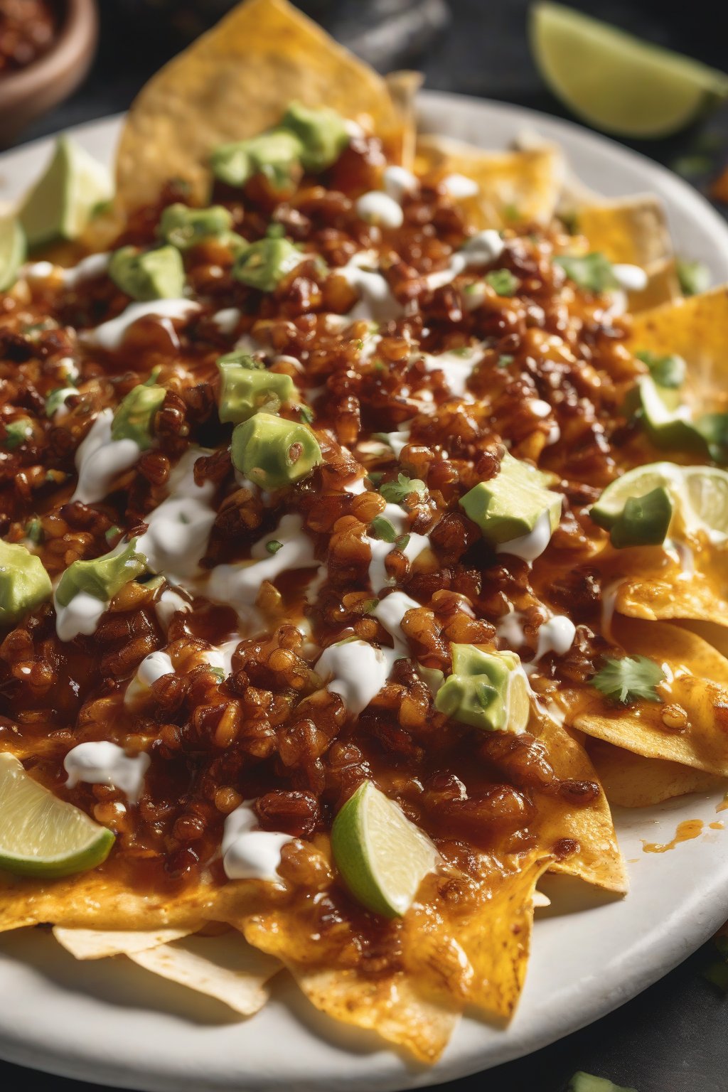 A close-up photo of chipotle hot honey over nachos under soft lighting.